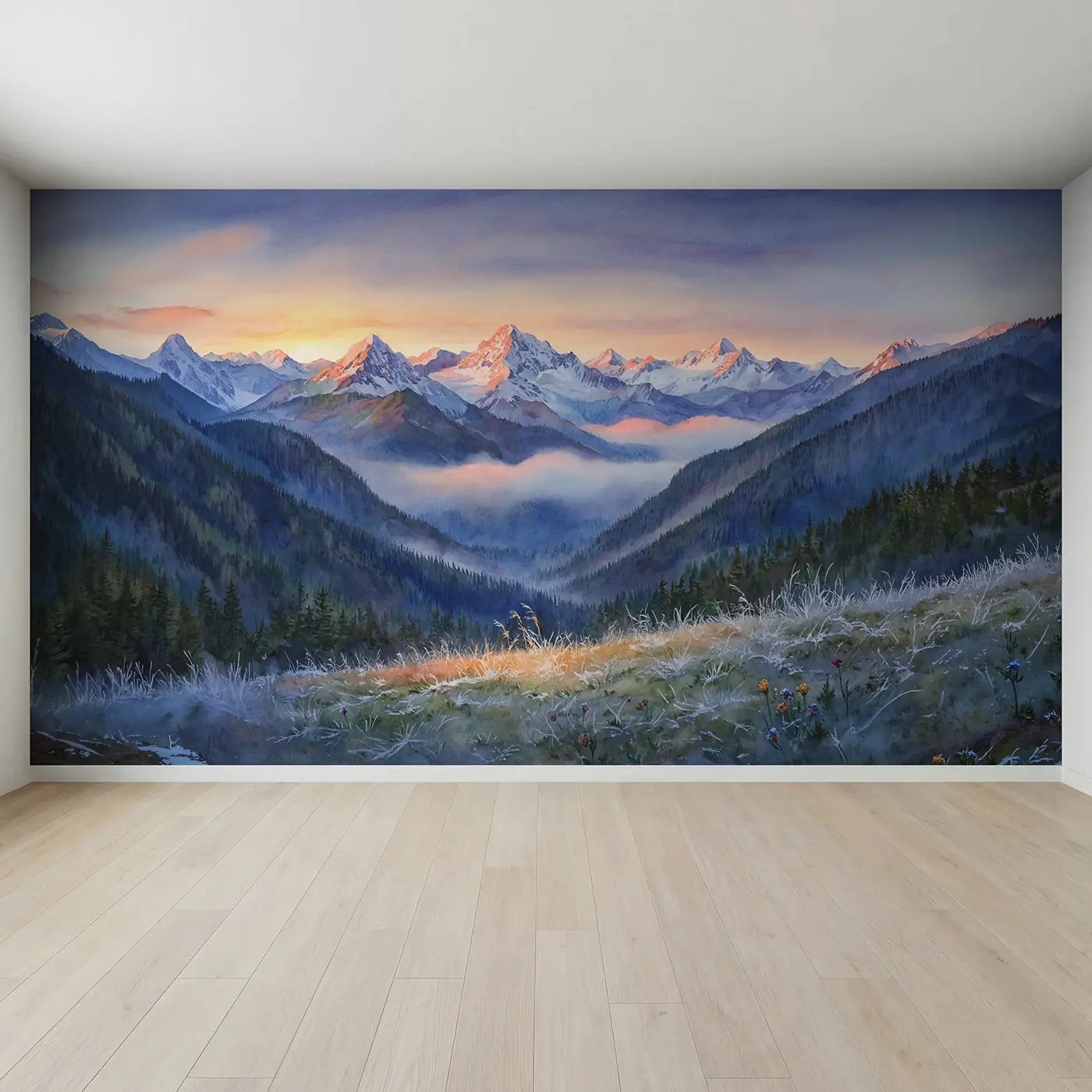 Full view of Mountain Sunrise Alpenglow Dawn Wallpaper Mural by Whimsy Tots