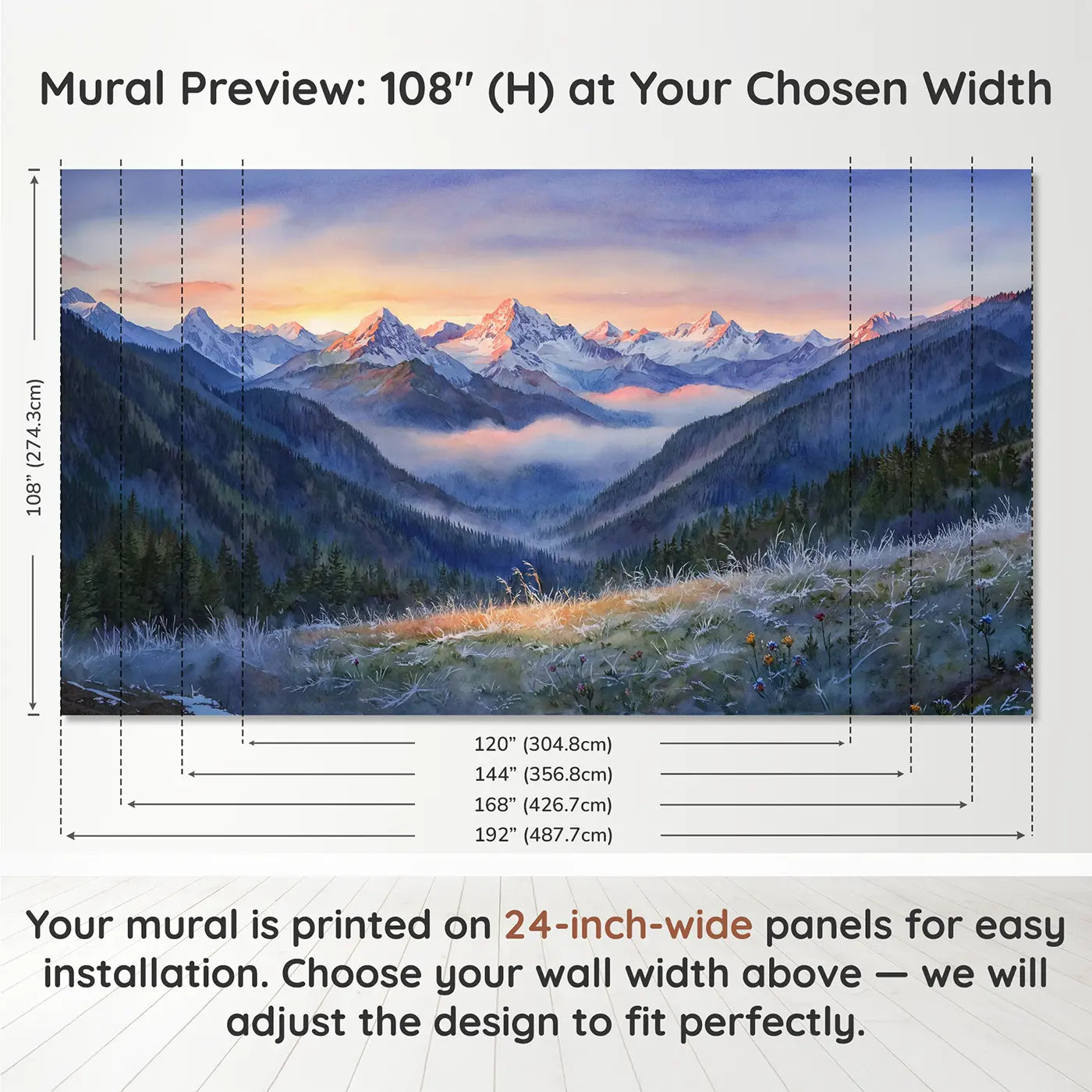 Panel layout and dimensions for Mountain Sunrise Alpenglow Dawn Wallpaper Mural by Whimsy Tots