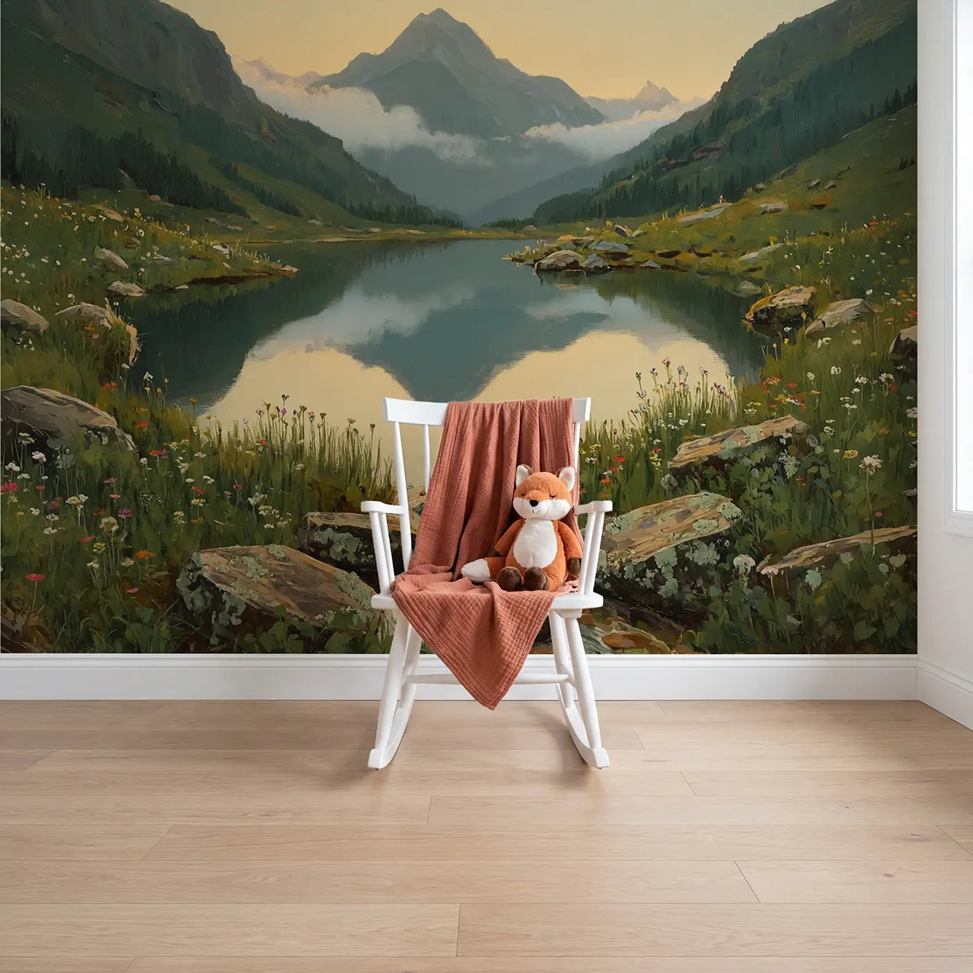 painted mountain peak alpine lake wallpaper mural for girls room by Whimsy Tots