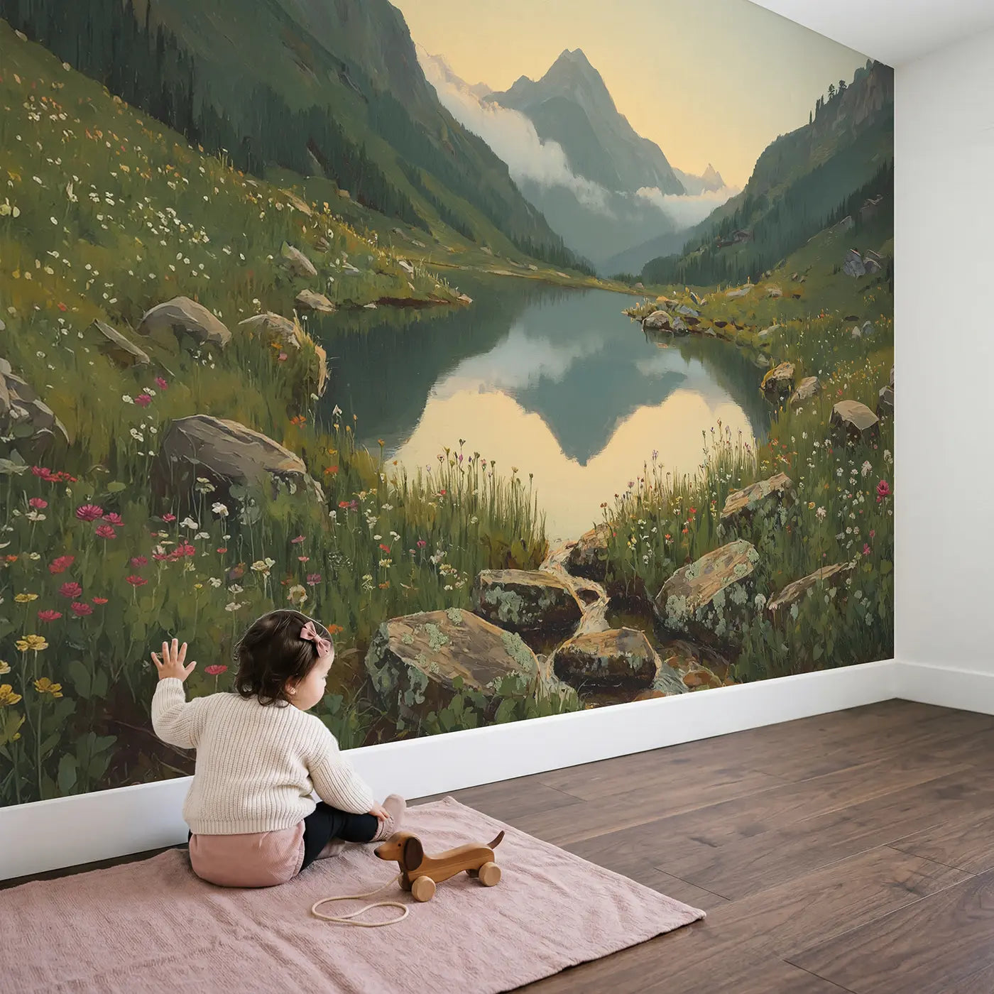 Child in nursery with Single Mountain Peak Reflected Wallpaper Mural by Whimsy Tots