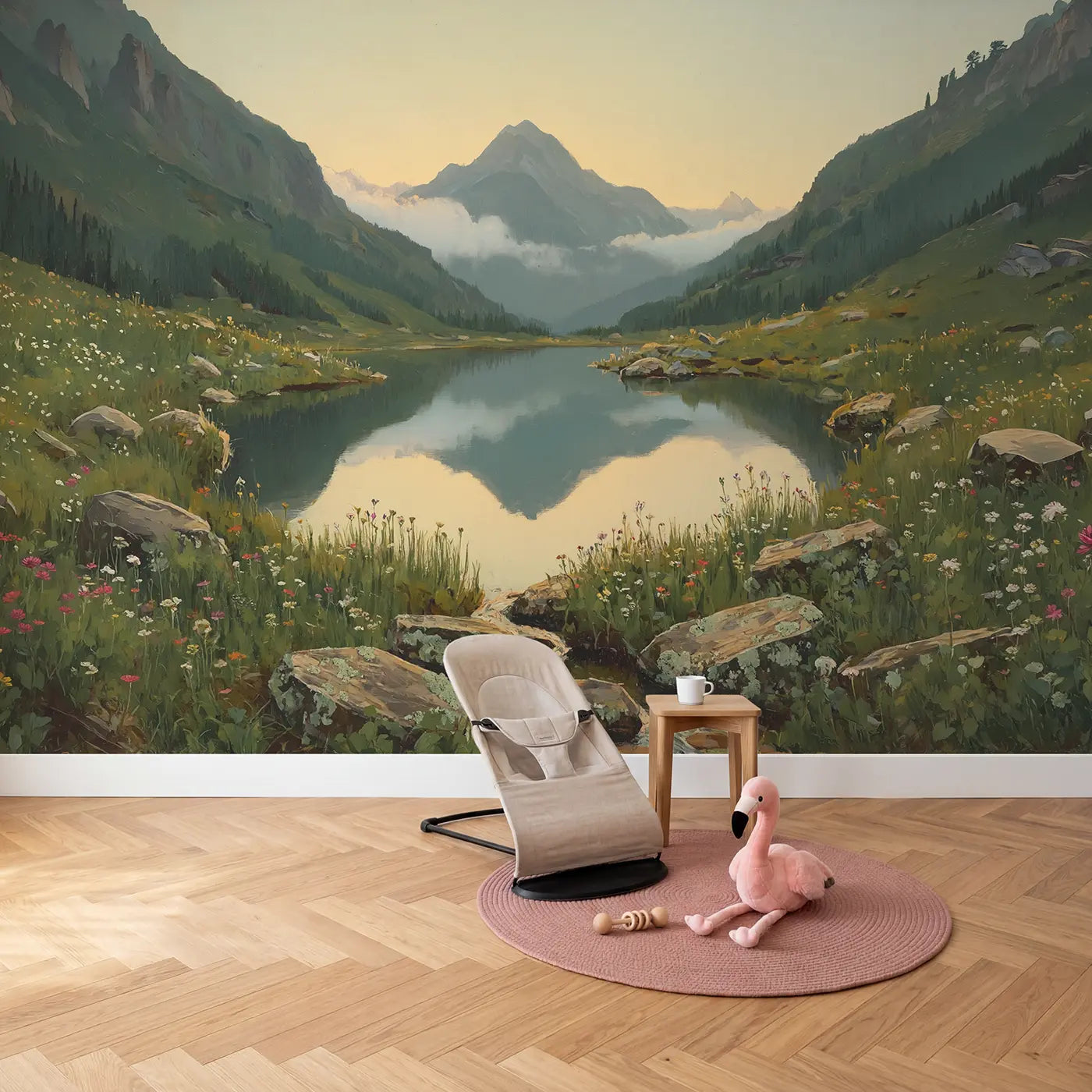 Single Mountain Peak Reflected Wallpaper Mural in playroom setting by Whimsy Tots