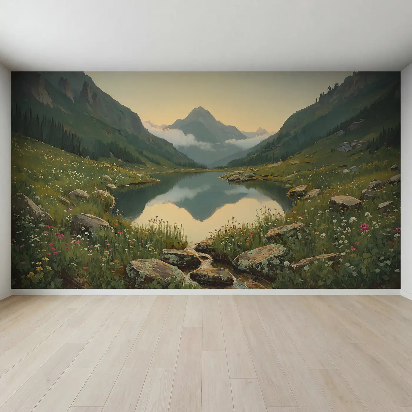 Full view of Single Mountain Peak Reflected Wallpaper Mural by Whimsy Tots