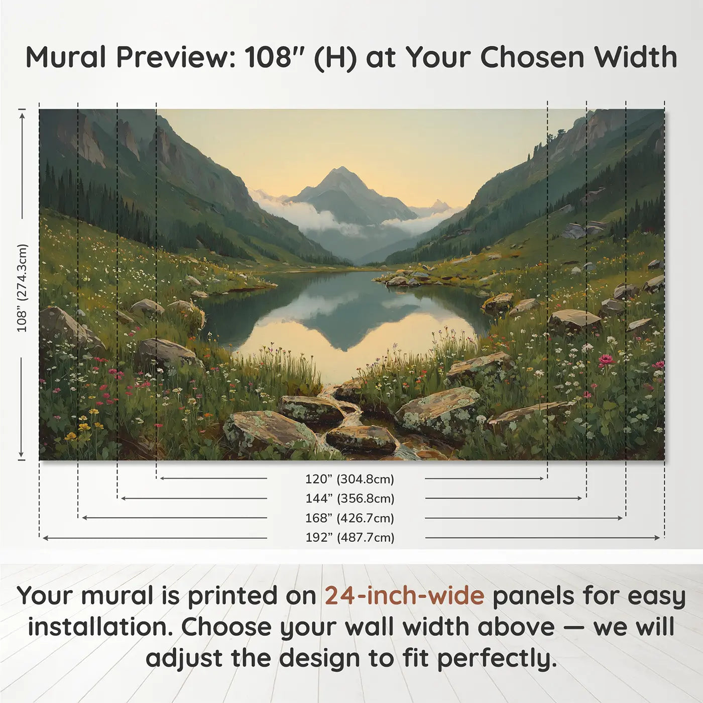 Panel layout and dimensions for Single Mountain Peak Reflected Wallpaper Mural by Whimsy Tots