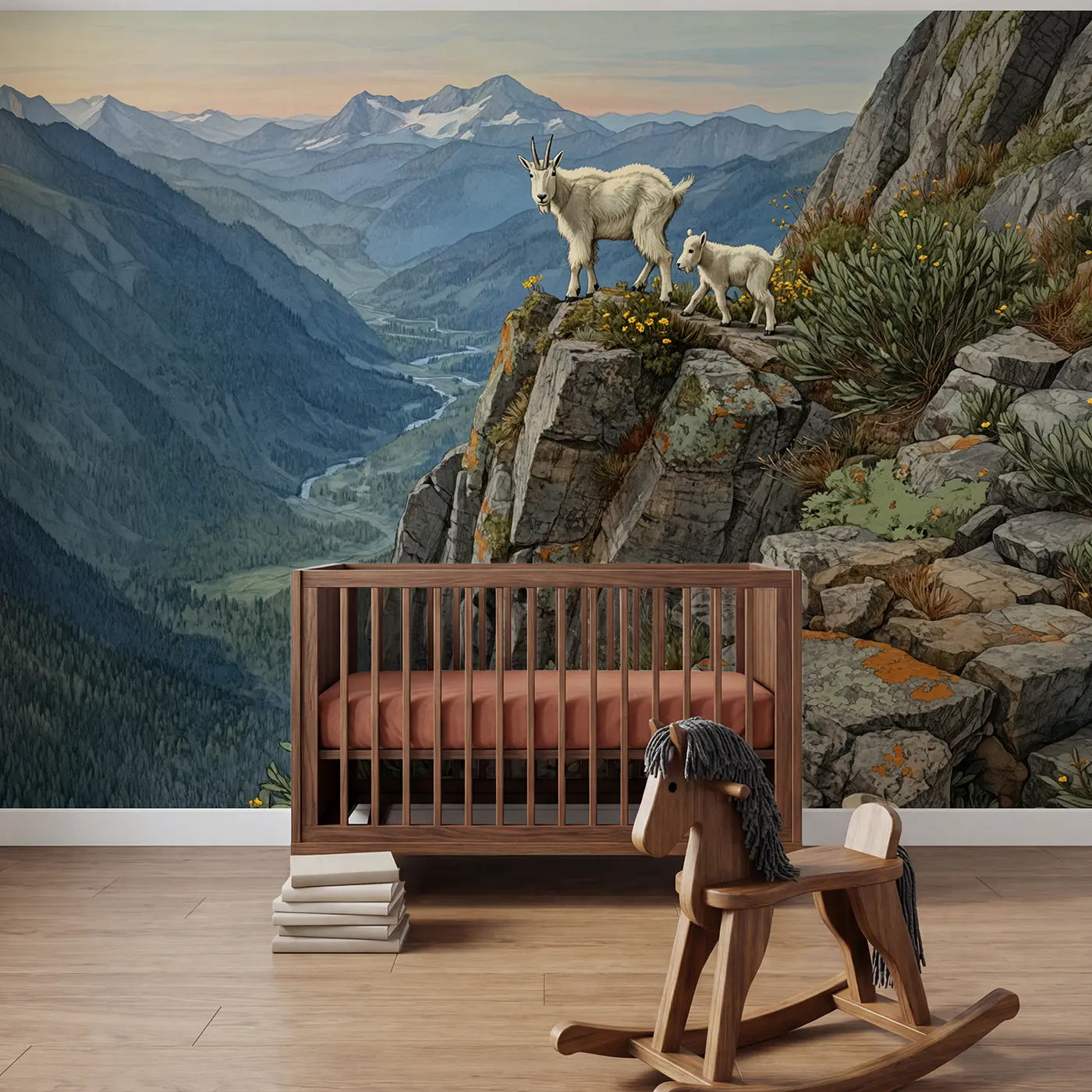 Storybook mountain goat cliff ledge wallpaper mural for kids room by Whimsy Tots