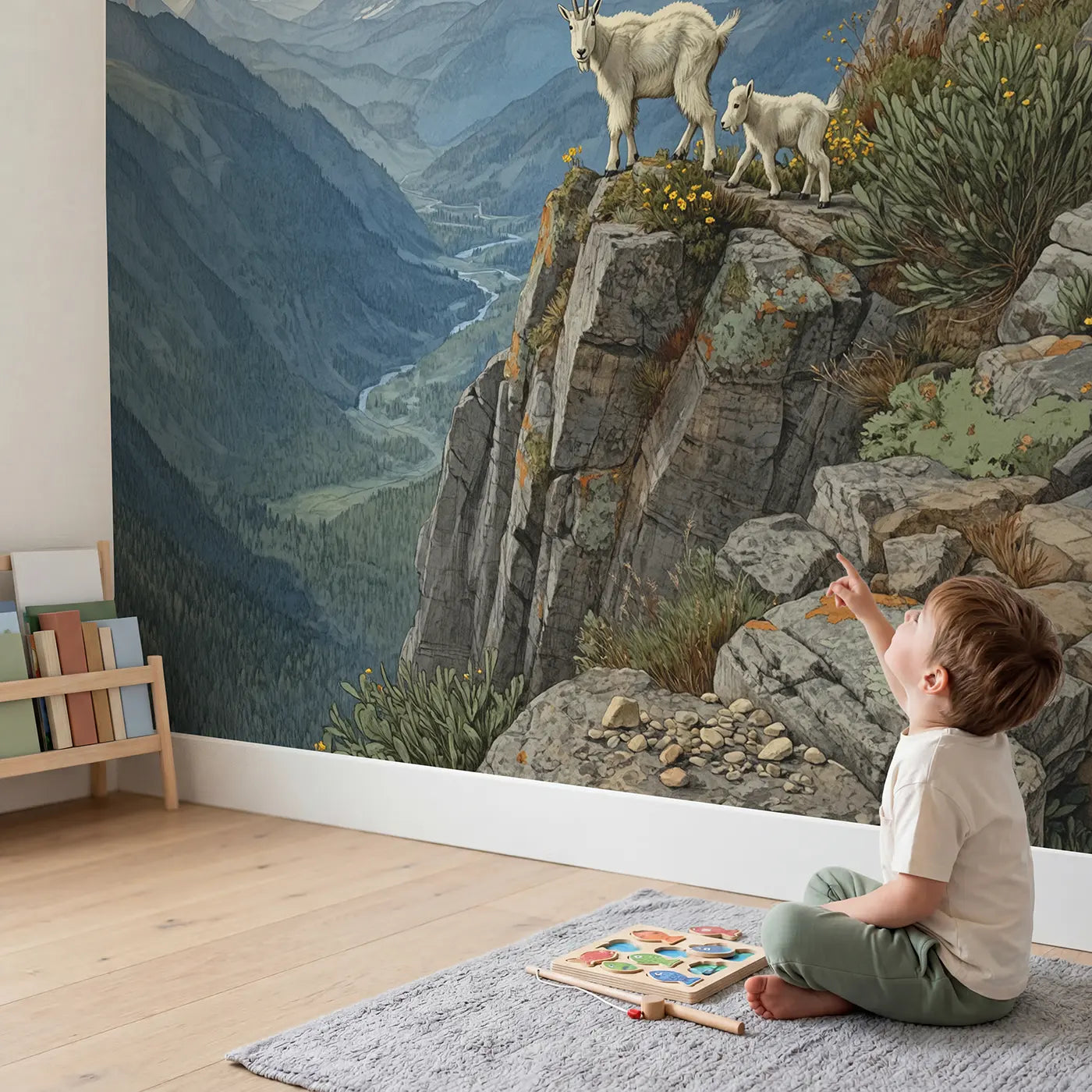 Child in nursery with Mountain Goat Cliff Ledge Wallpaper Mural by Whimsy Tots