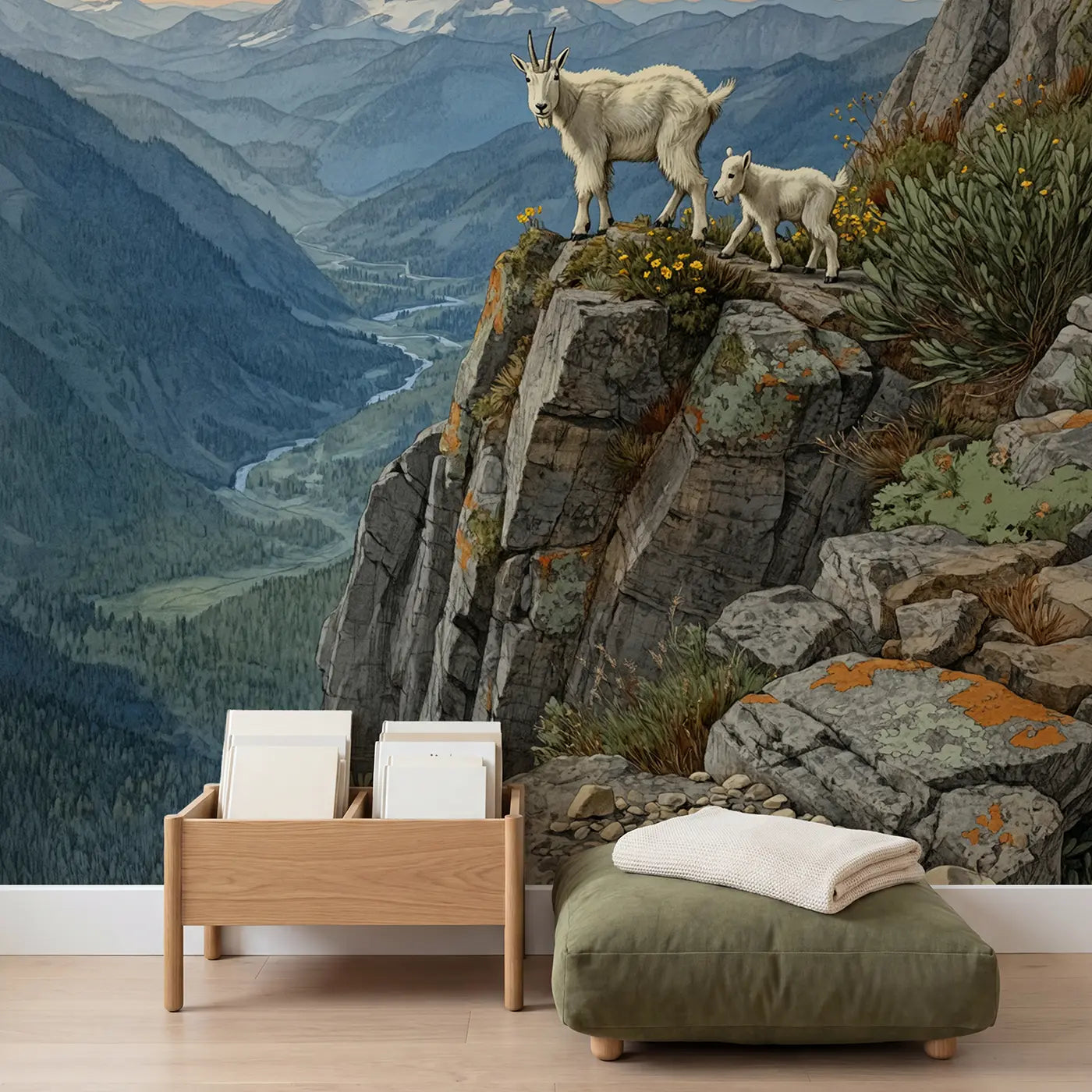 Mountain Goat Cliff Ledge Wallpaper Mural in playroom setting by Whimsy Tots