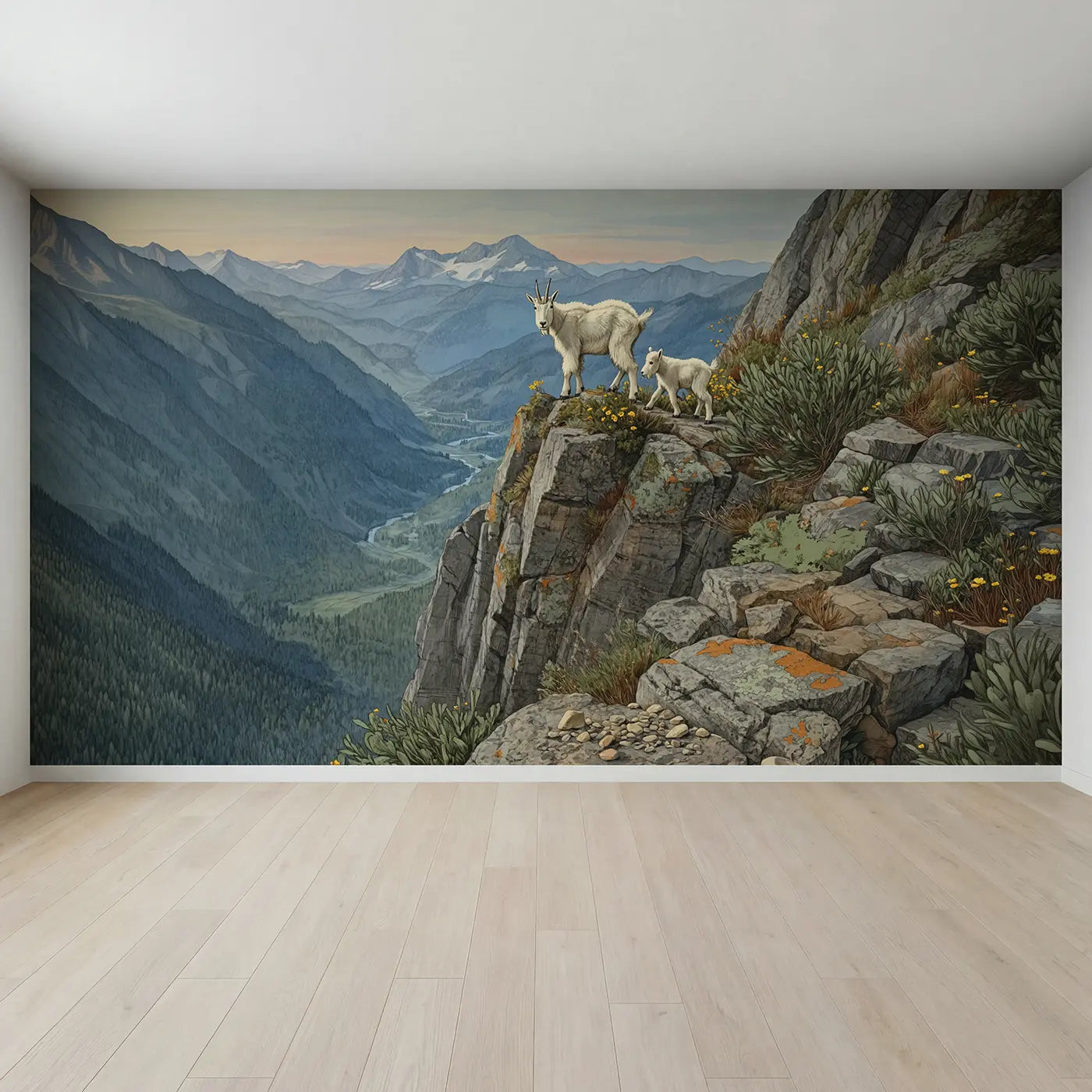 Full view of Mountain Goat Cliff Ledge Wallpaper Mural by Whimsy Tots