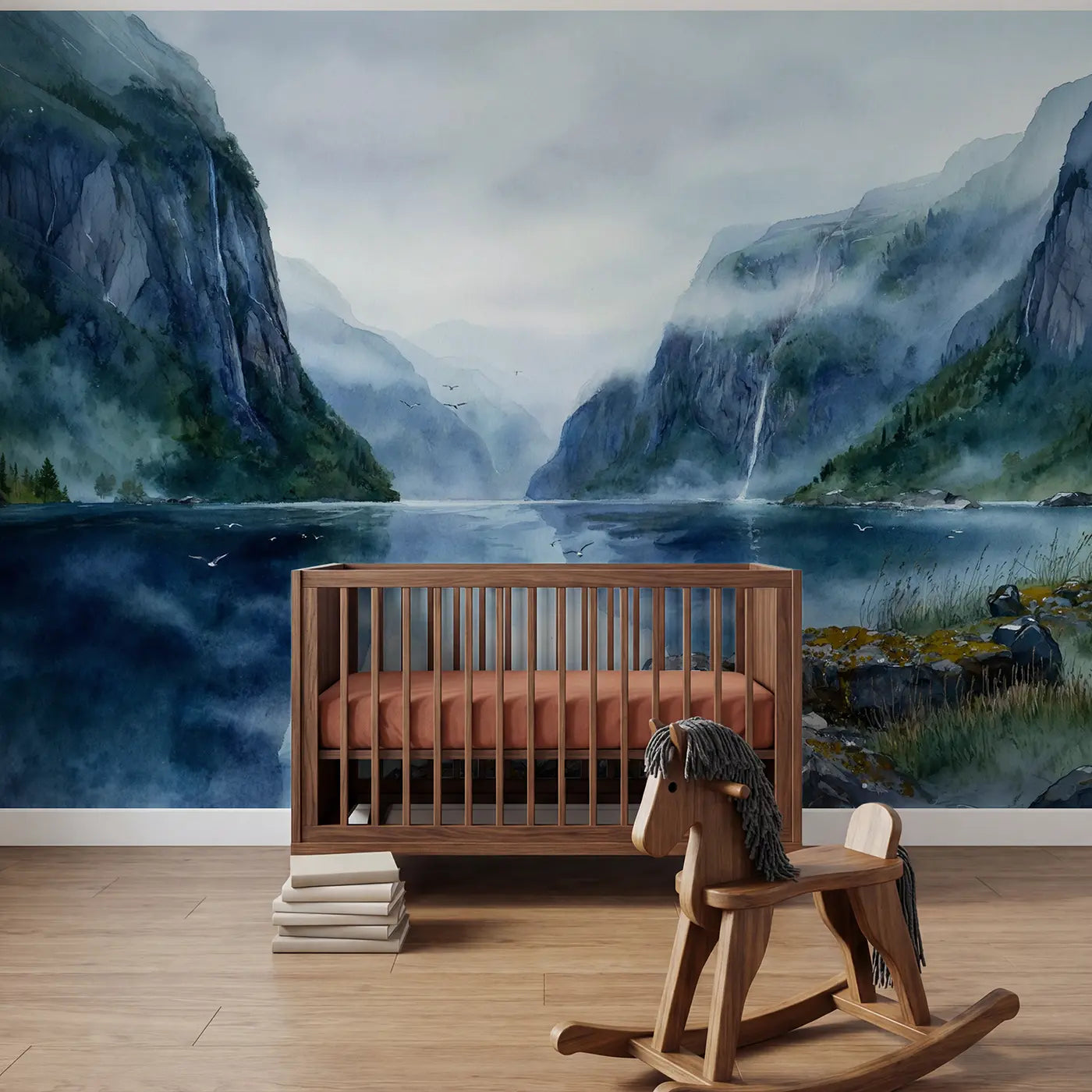 Watercolor fjord cliff mist fog wallpaper mural for nursery by Whimsy Tots