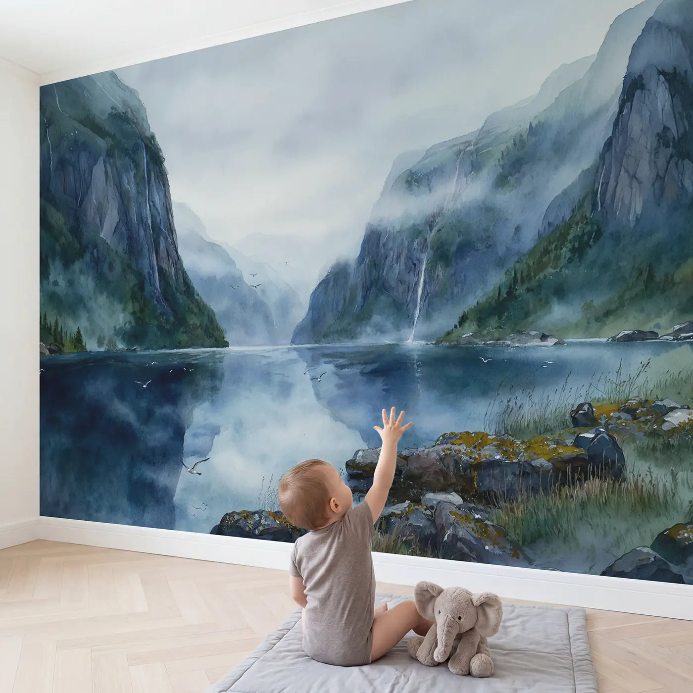 Child in nursery with Misty Fjord Cliff Walls Wallpaper Mural by Whimsy Tots
