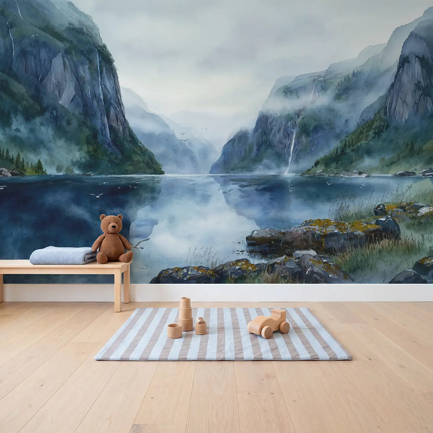 Misty Fjord Cliff Walls Wallpaper Mural in playroom setting by Whimsy Tots