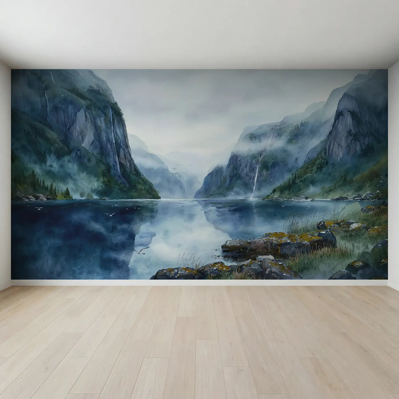 Full view of Misty Fjord Cliff Walls Wallpaper Mural by Whimsy Tots