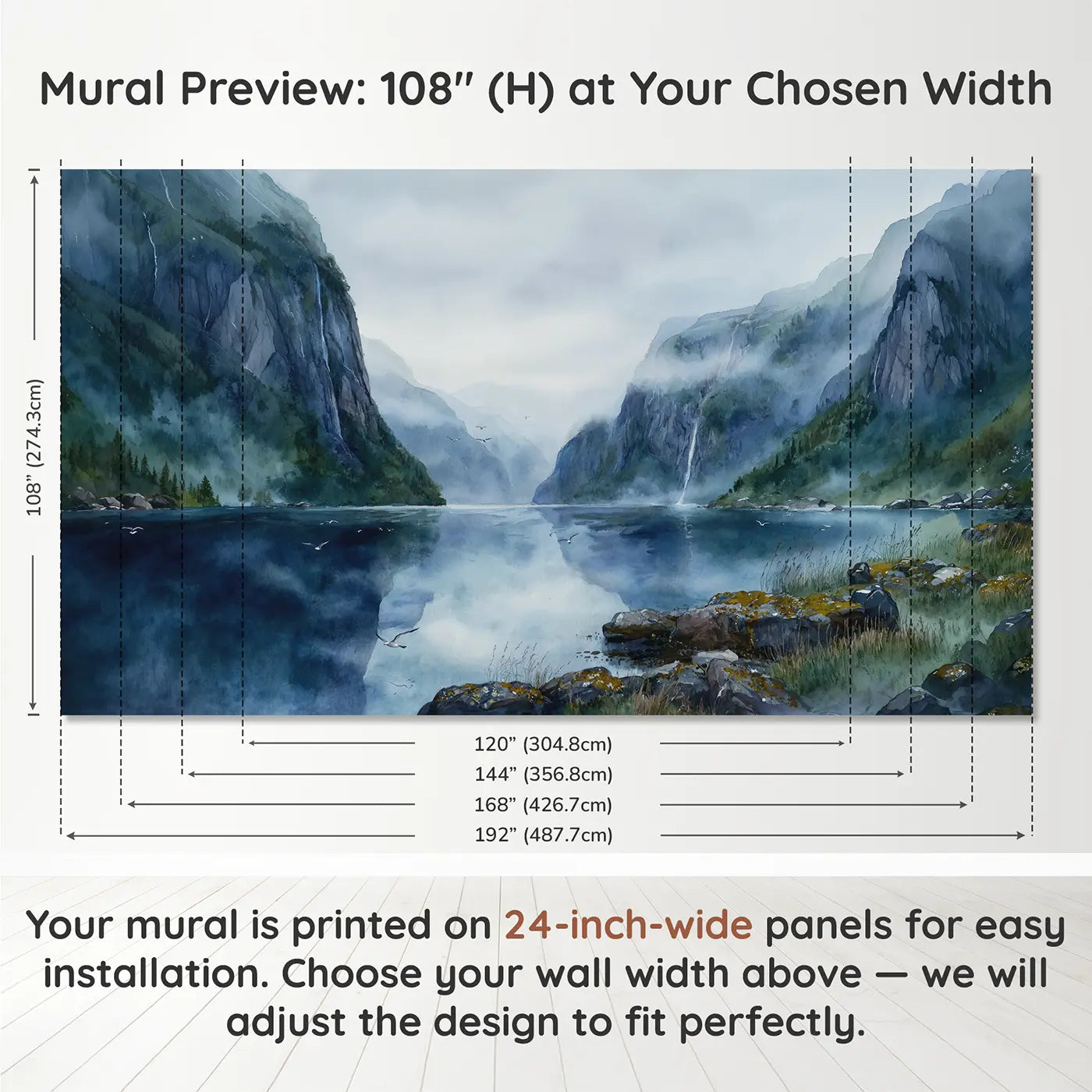 Panel layout and dimensions for Misty Fjord Cliff Walls Wallpaper Mural by Whimsy Tots