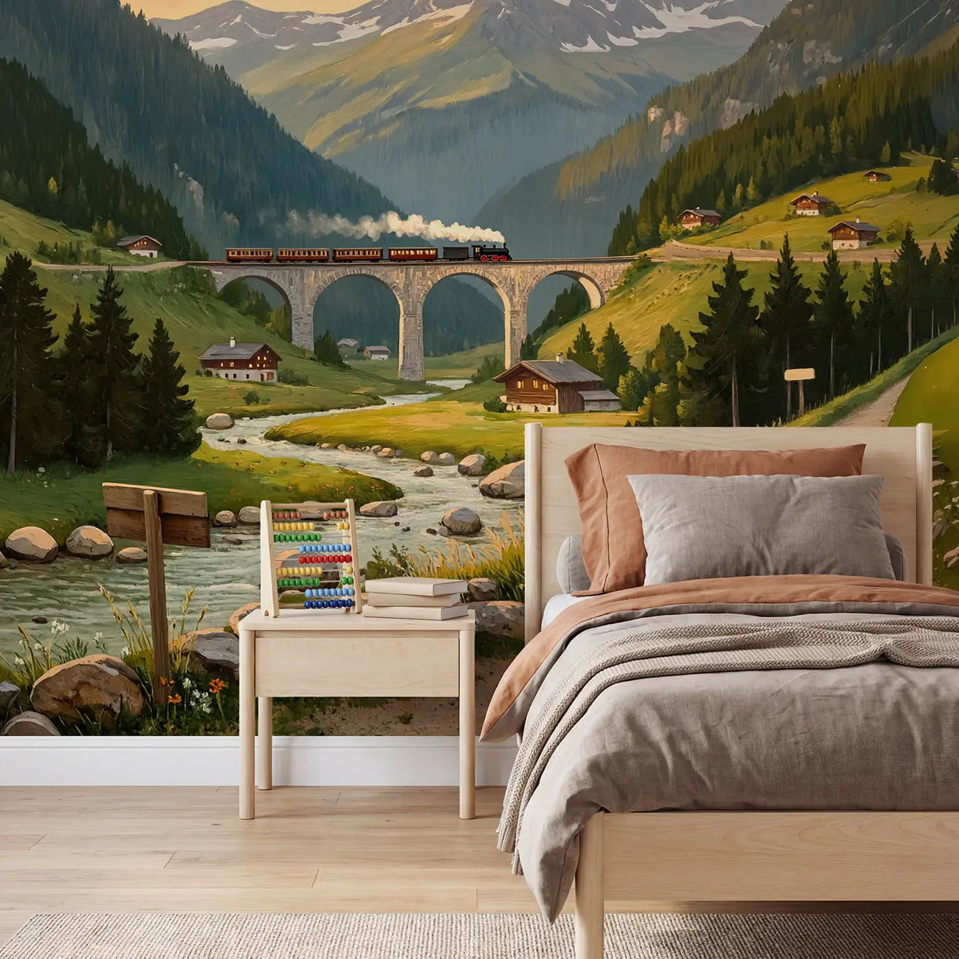 Painted landscape alpine railway mountain wallpaper mural for kids room by Whimsy Tots