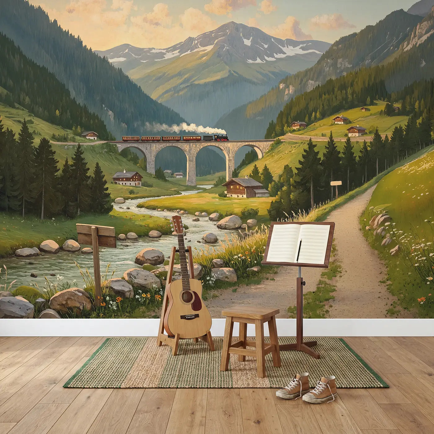 Alpine Railway Crossing Wallpaper Mural in playroom setting by Whimsy Tots