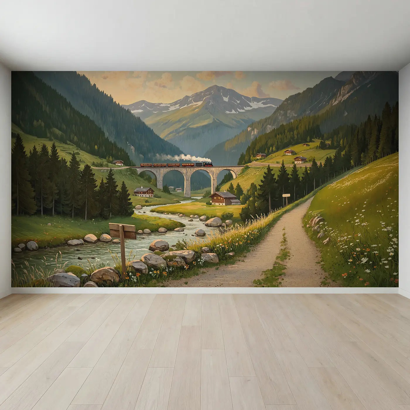 Full view of Alpine Railway Crossing Wallpaper Mural by Whimsy Tots