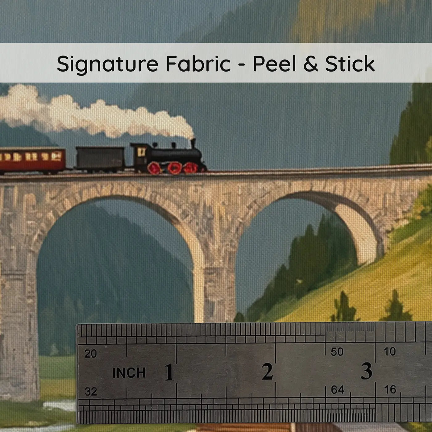Fabric texture close-up of Alpine Railway Crossing Wallpaper Mural by Whimsy Tots