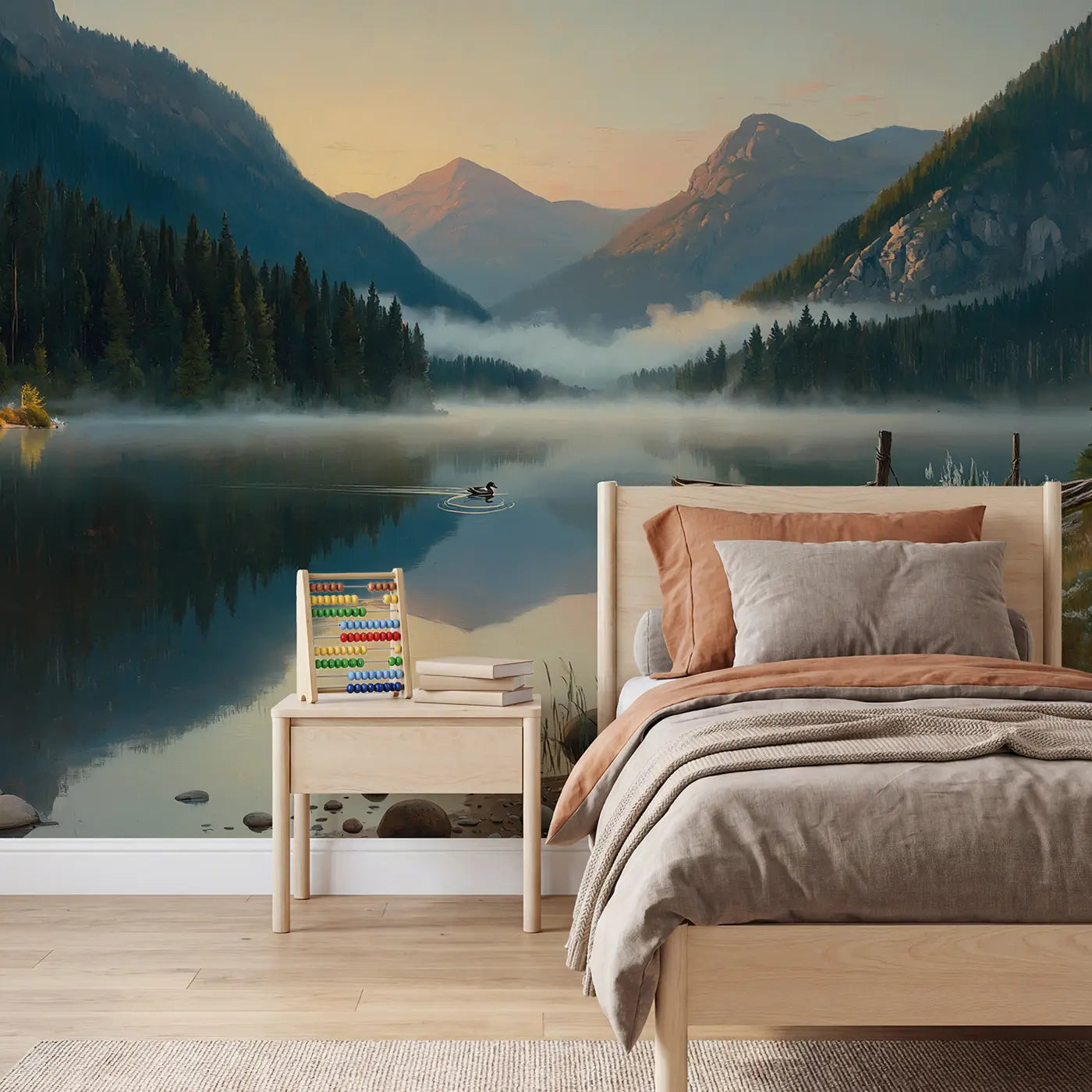 painted landscape mountain lake morning mist dawn wallpaper mural for kids room by Whimsy Tots