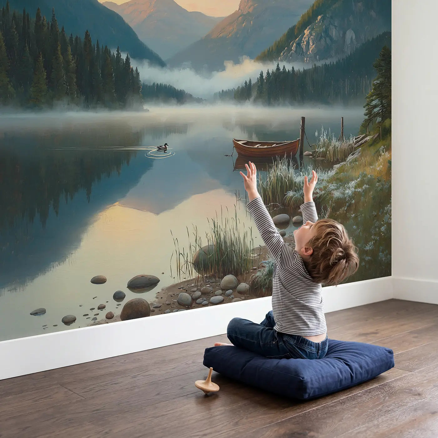 Child in nursery with Mountain Lake Morning Mist Wallpaper Mural by Whimsy Tots