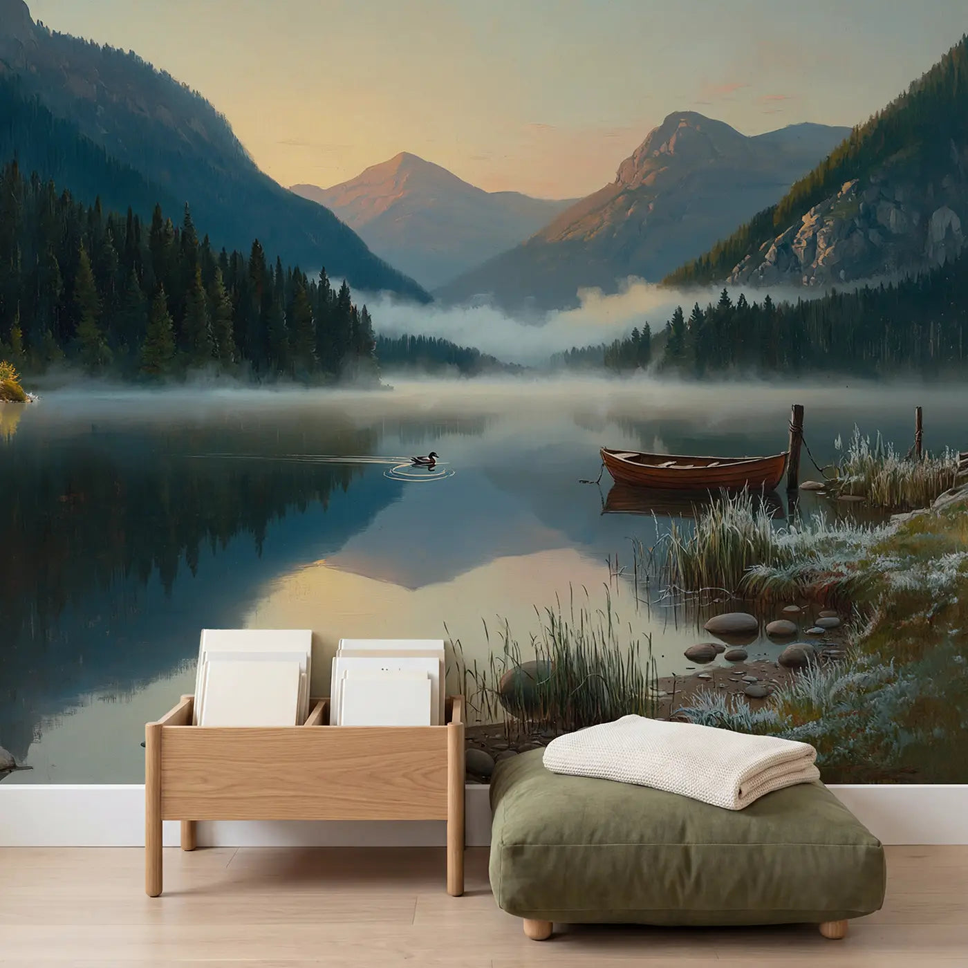 Mountain Lake Morning Mist Wallpaper Mural in playroom setting by Whimsy Tots