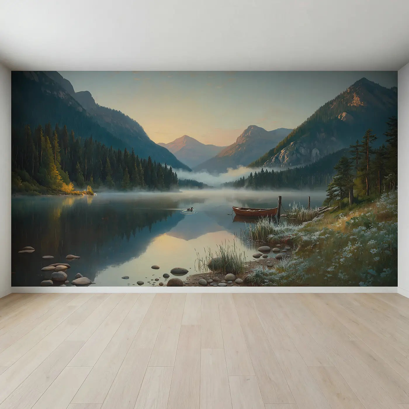 Full view of Mountain Lake Morning Mist Wallpaper Mural by Whimsy Tots