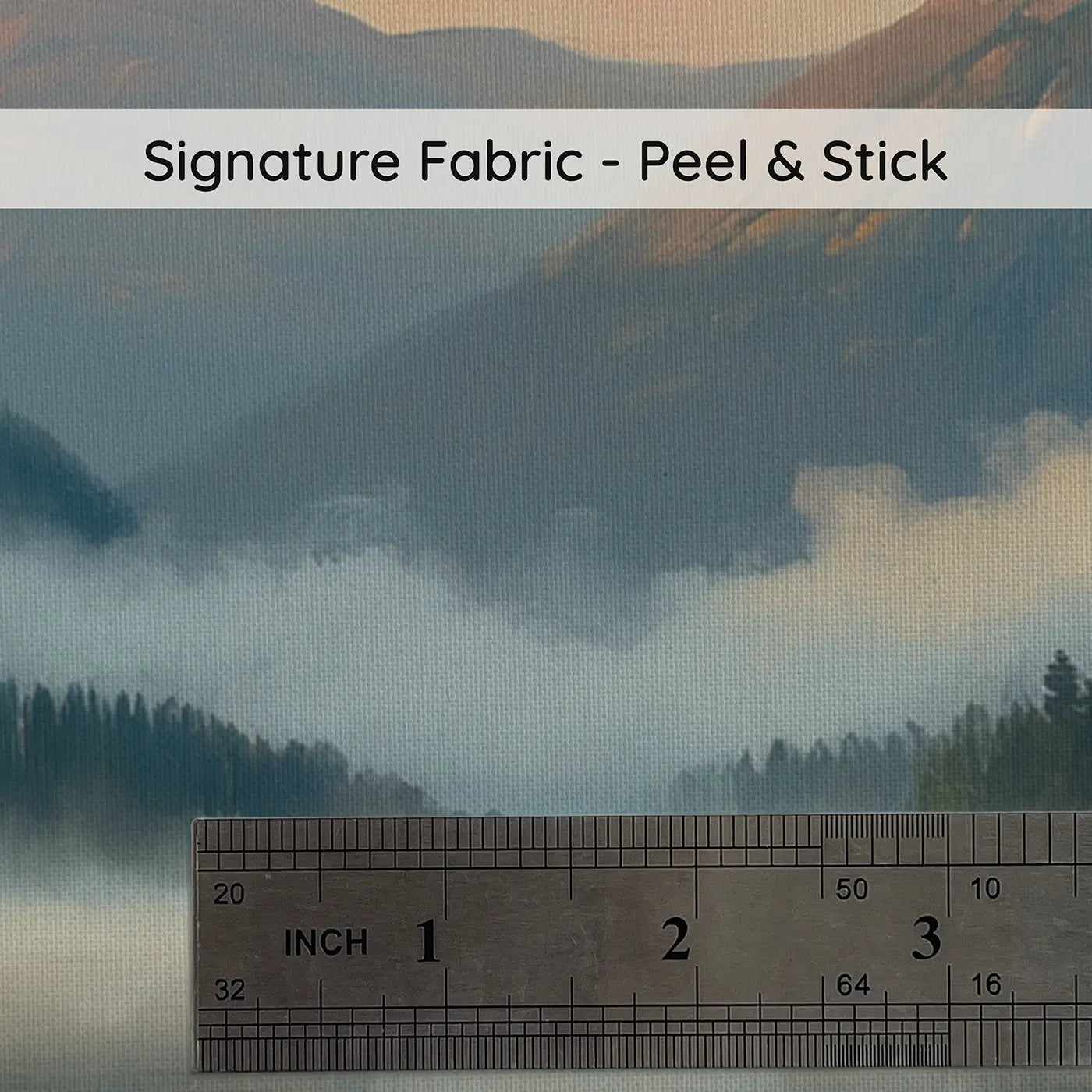 Fabric texture close-up of Mountain Lake Morning Mist Wallpaper Mural by Whimsy Tots