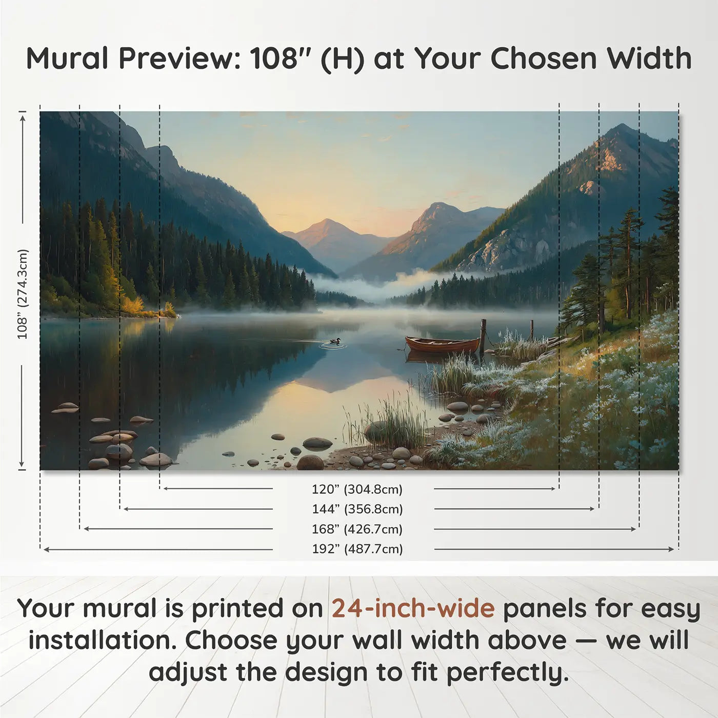 Panel layout and dimensions for Mountain Lake Morning Mist Wallpaper Mural by Whimsy Tots