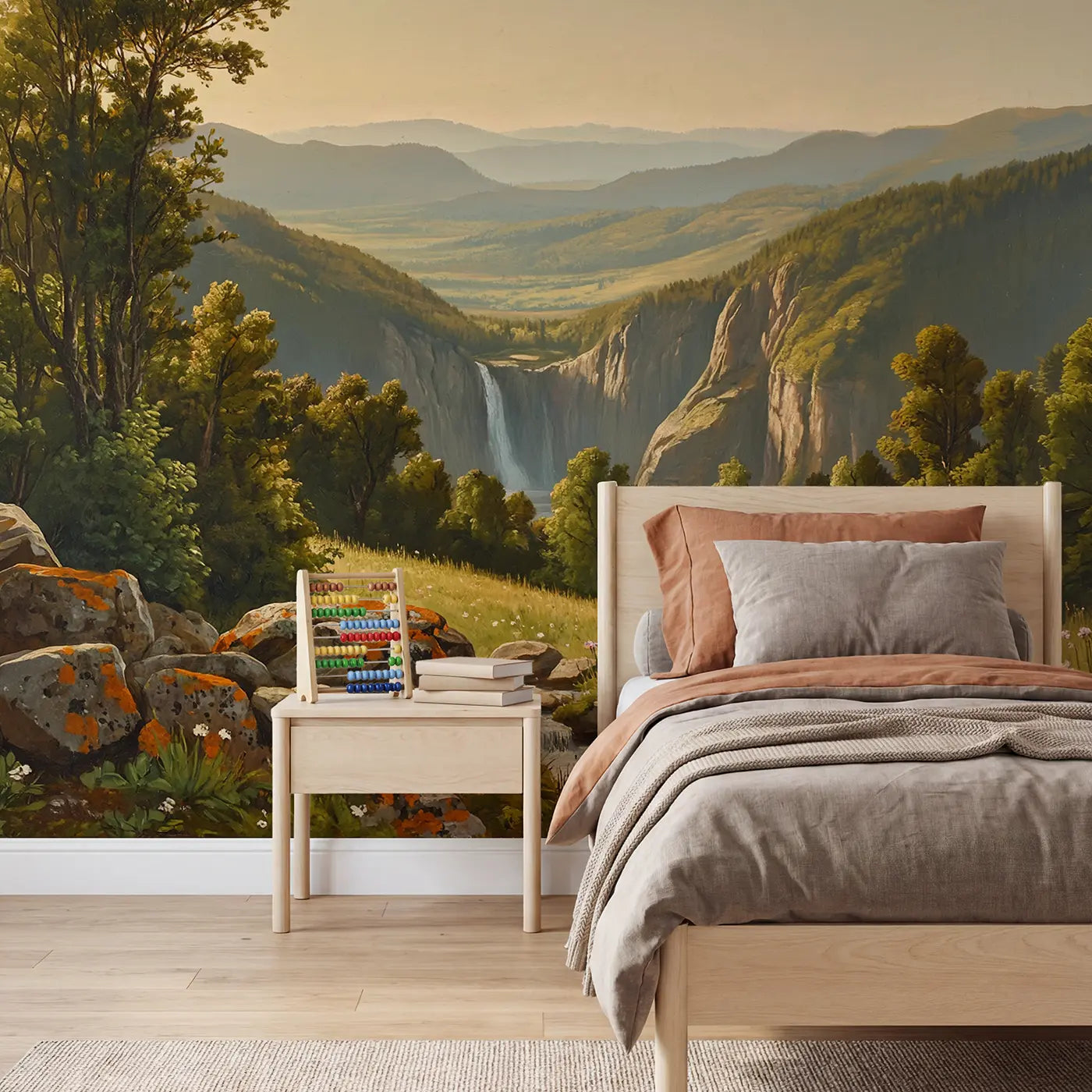 Painted landscape mountain valley waterfall wallpaper mural for kids room by Whimsy Tots