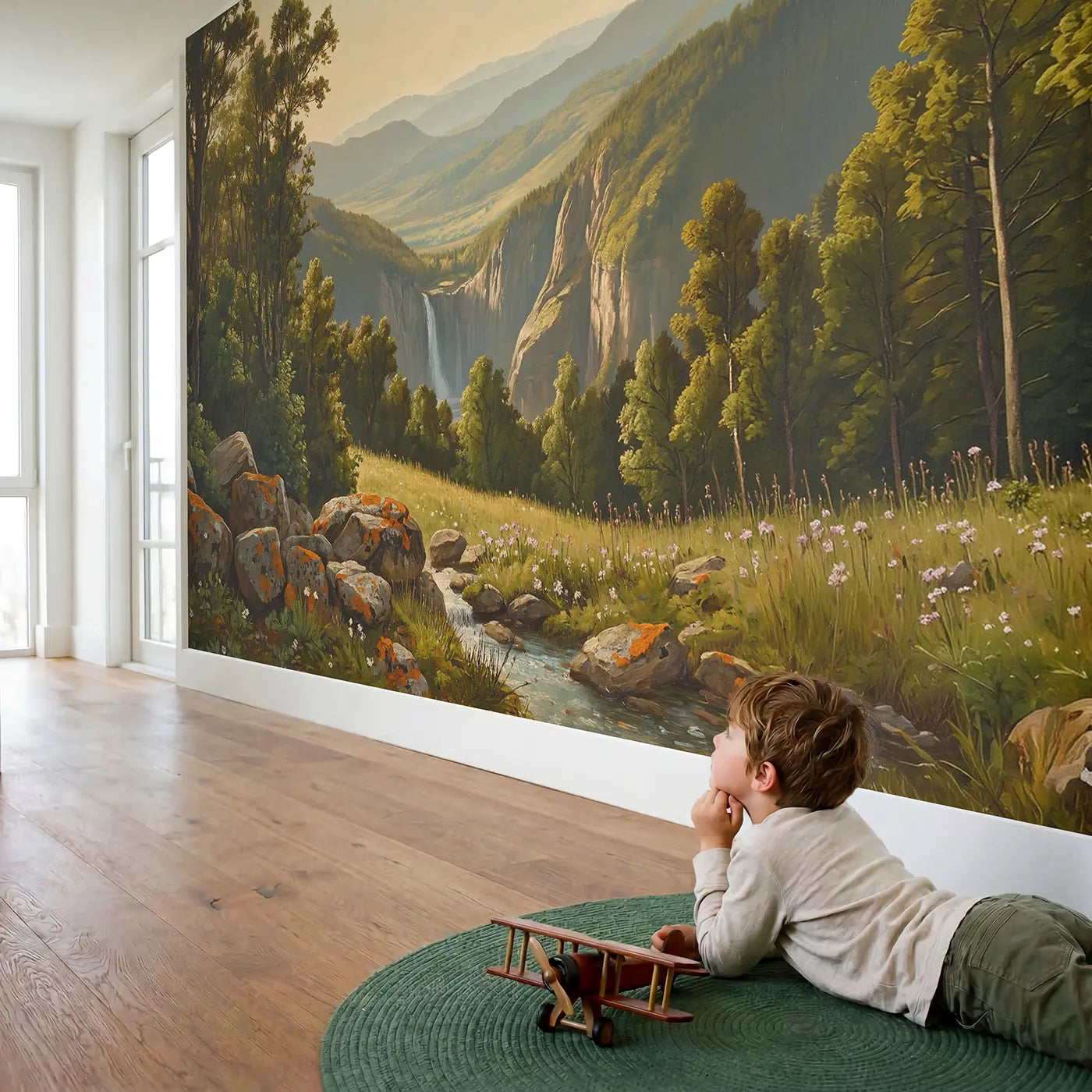 Child in nursery with Hidden Mountain Valley Waterfall Wallpaper Mural by Whimsy Tots