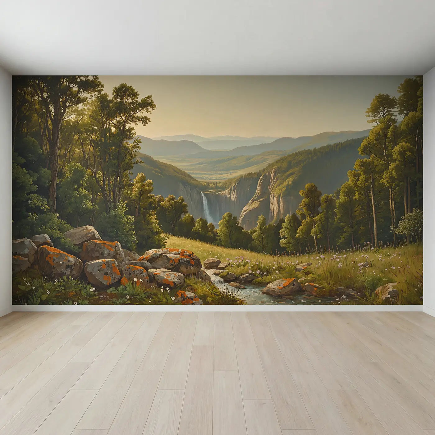 Full view of Hidden Mountain Valley Waterfall Wallpaper Mural by Whimsy Tots