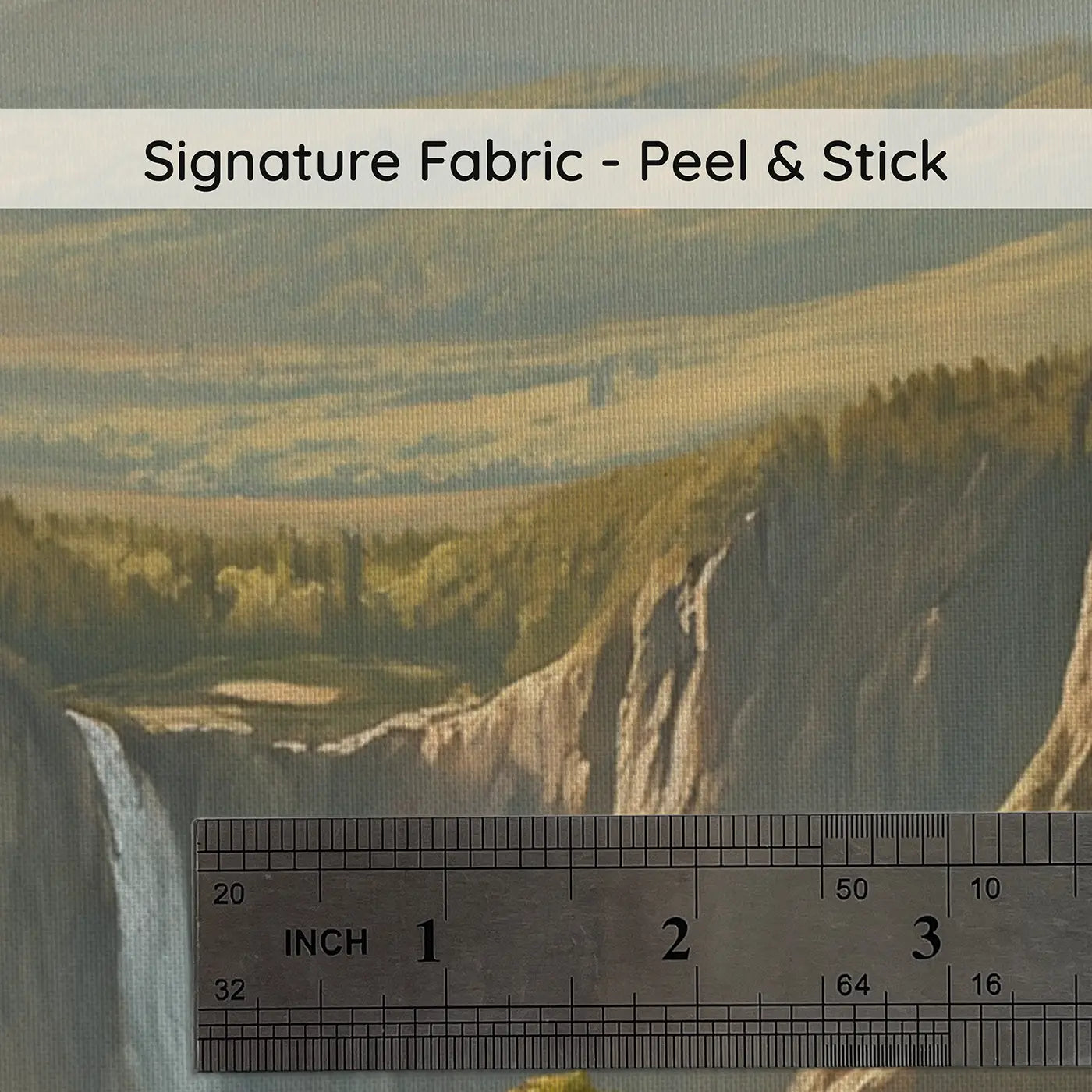 Fabric texture close-up of Hidden Mountain Valley Waterfall Wallpaper Mural by Whimsy Tots