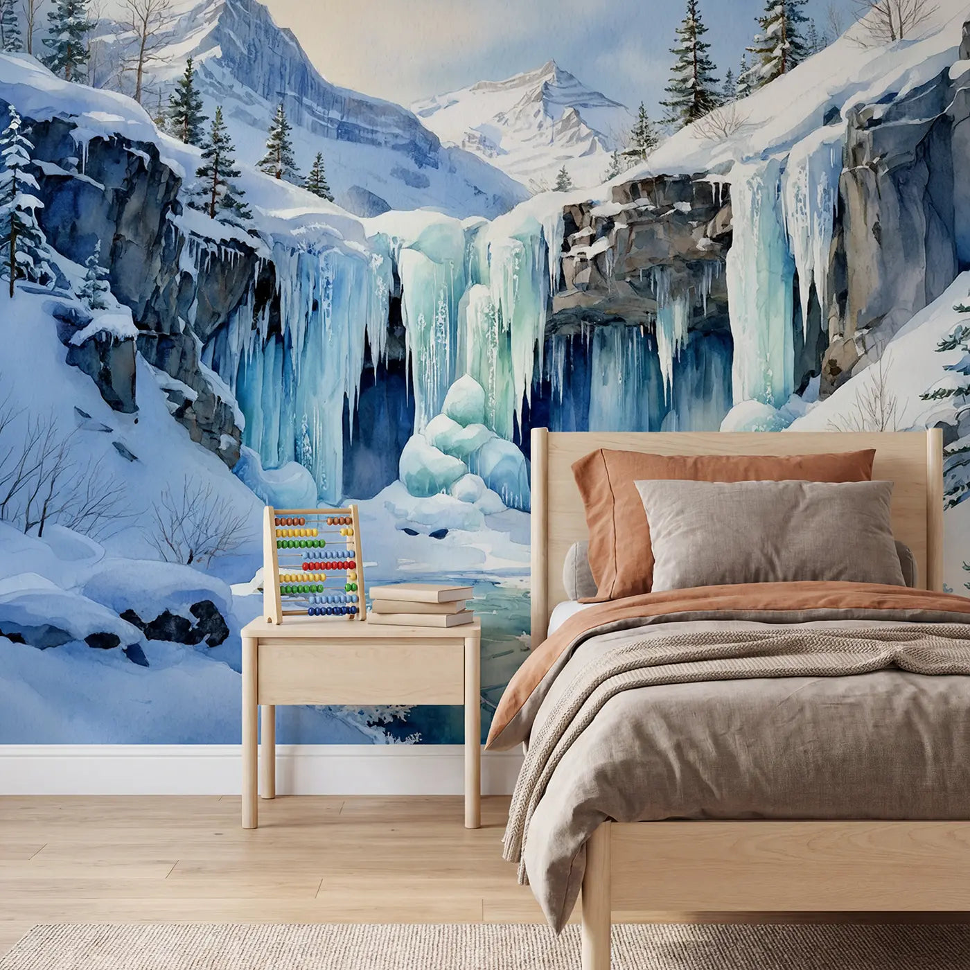 watercolor frozen waterfall ice mountain winter mural for kids room by Whimsy Tots