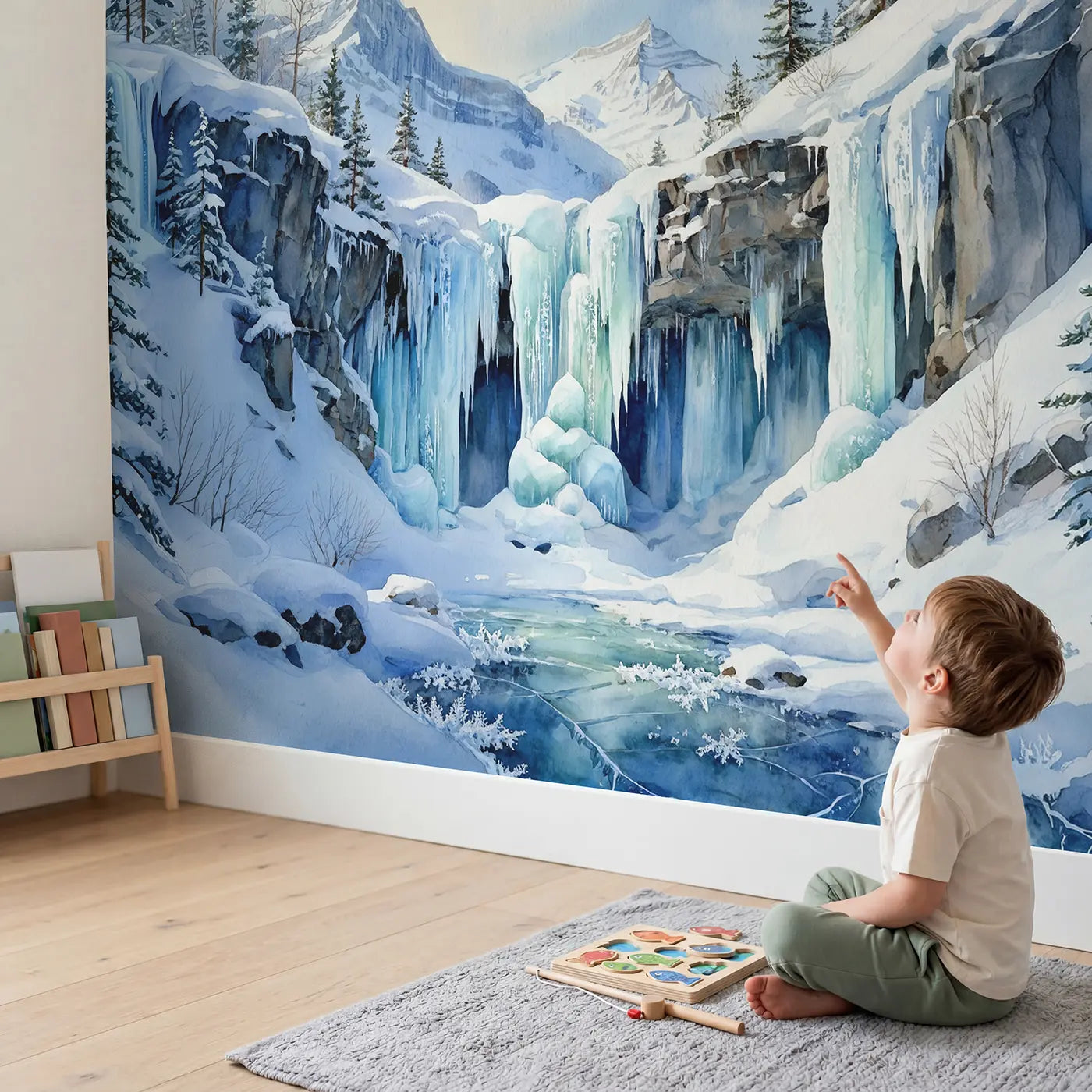 Child in nursery with Frozen Waterfall Ice Mountain Winter Wallpaper Mural by Whimsy Tots