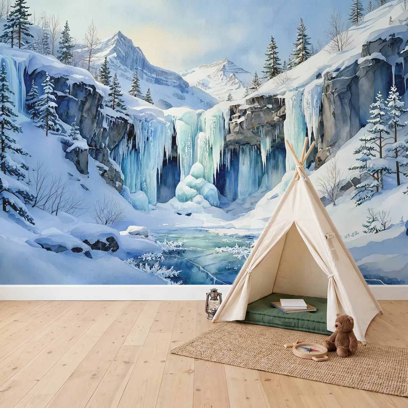 Frozen Waterfall Ice Mountain Winter Wallpaper Mural in playroom setting by Whimsy Tots