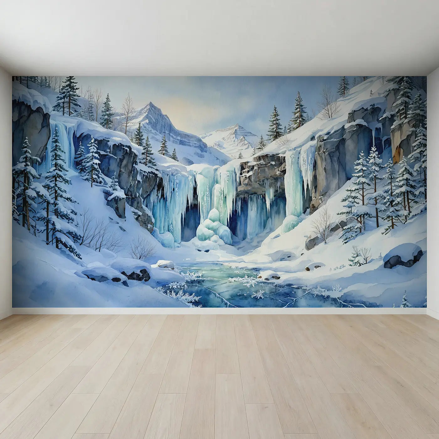 Full view of Frozen Waterfall Ice Mountain Winter Wallpaper Mural by Whimsy Tots
