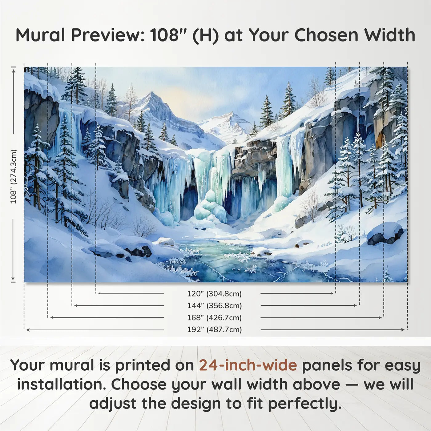 Panel layout and dimensions for Frozen Waterfall Ice Mountain Winter Wallpaper Mural by Whimsy Tots