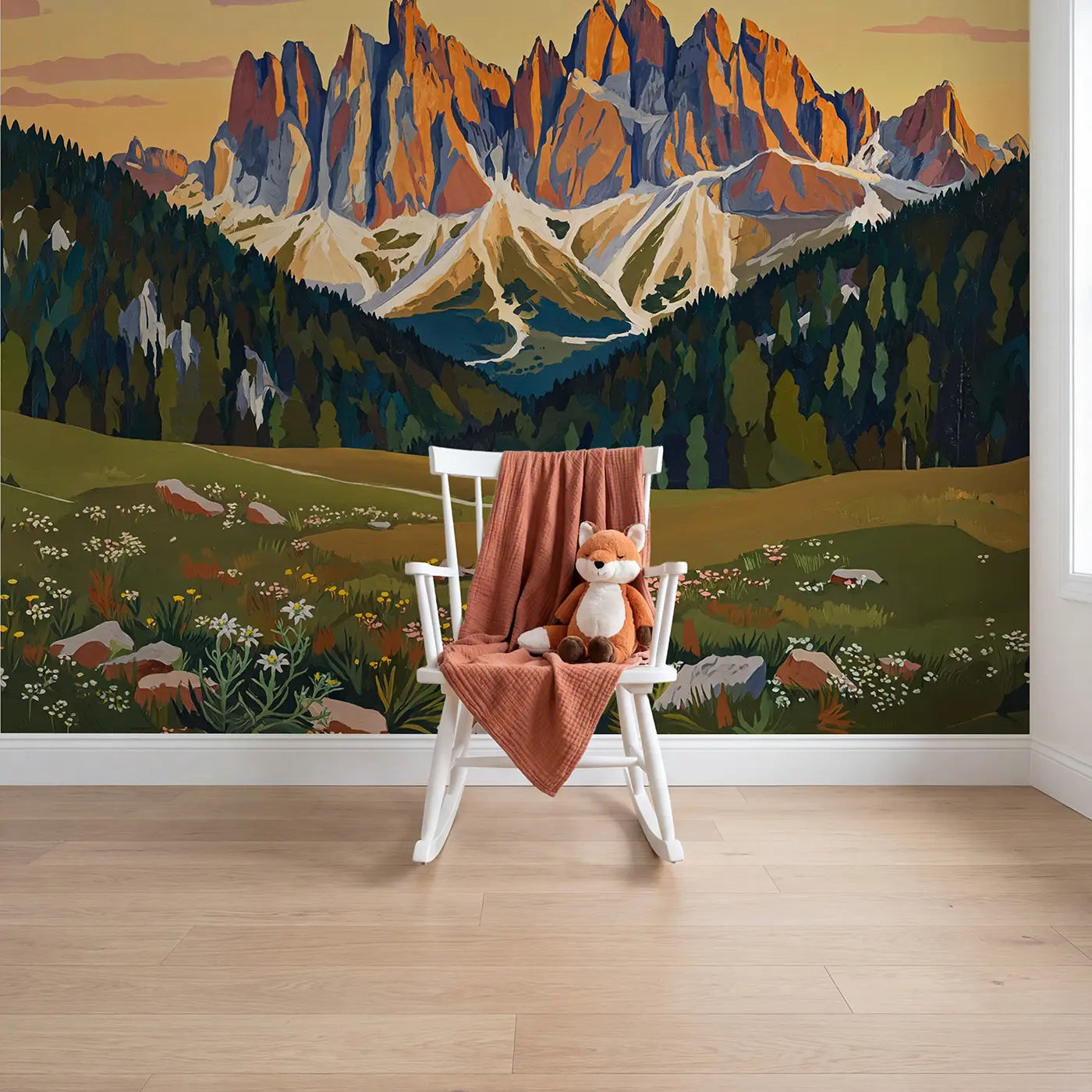 Modern illustration alpine peaks meadow wallpaper mural for girls room by Whimsy Tots