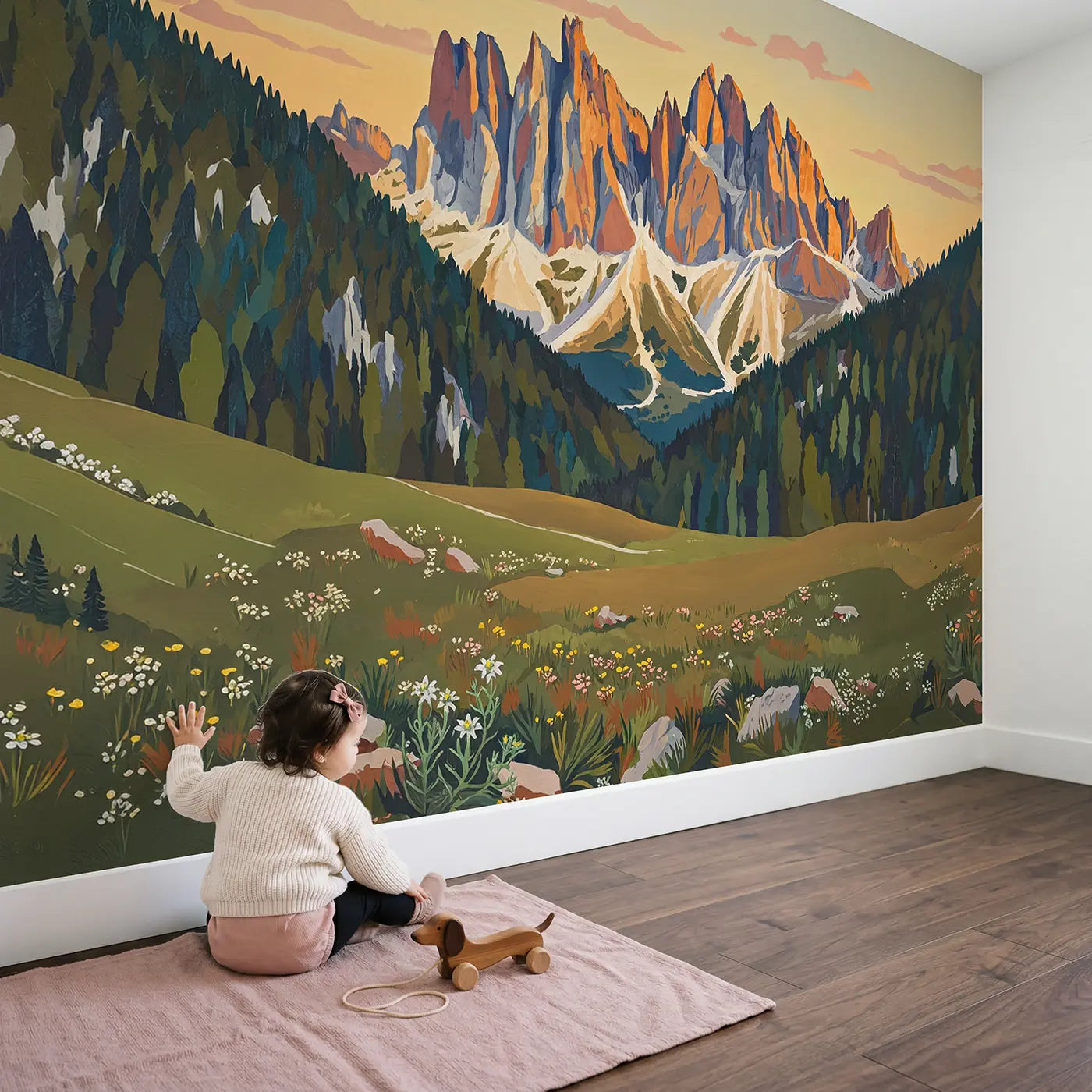 Child in nursery with Jagged Alpine Peaks Wallpaper Mural by Whimsy Tots