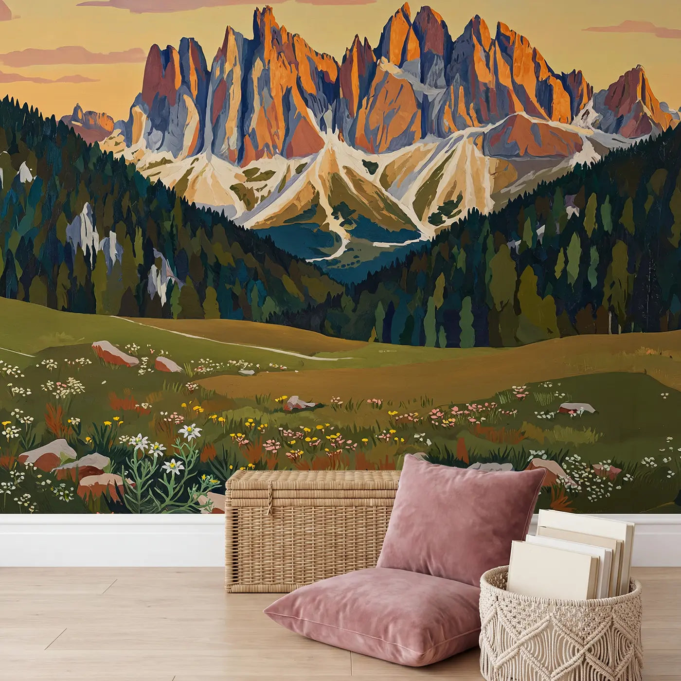 Jagged Alpine Peaks Wallpaper Mural in playroom setting by Whimsy Tots