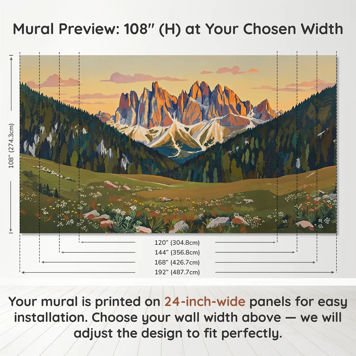 Panel layout and dimensions for Jagged Alpine Peaks Wallpaper Mural by Whimsy Tots