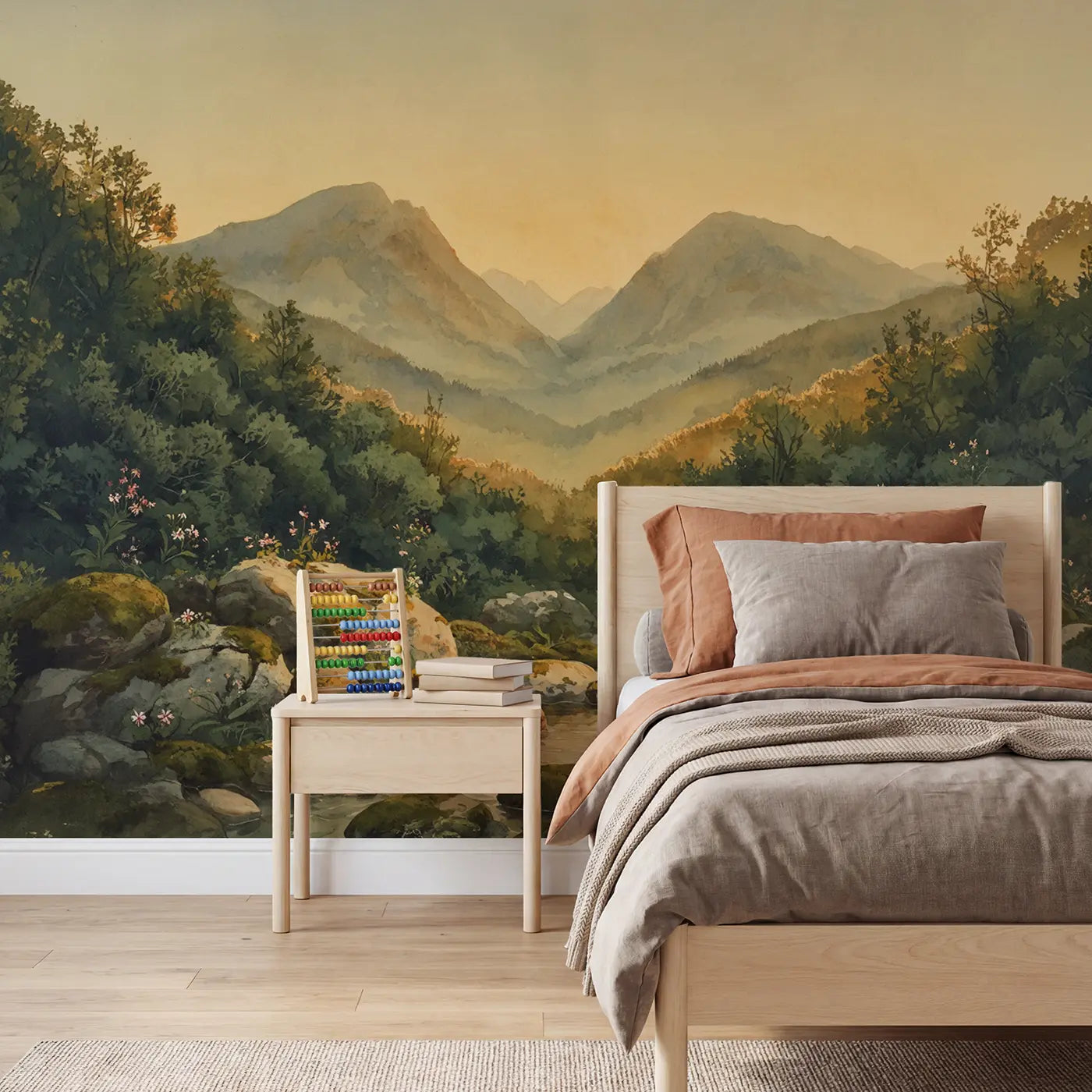 Watercolor twin peaks valley wildflowers wallpaper mural for kids room by Whimsy Tots