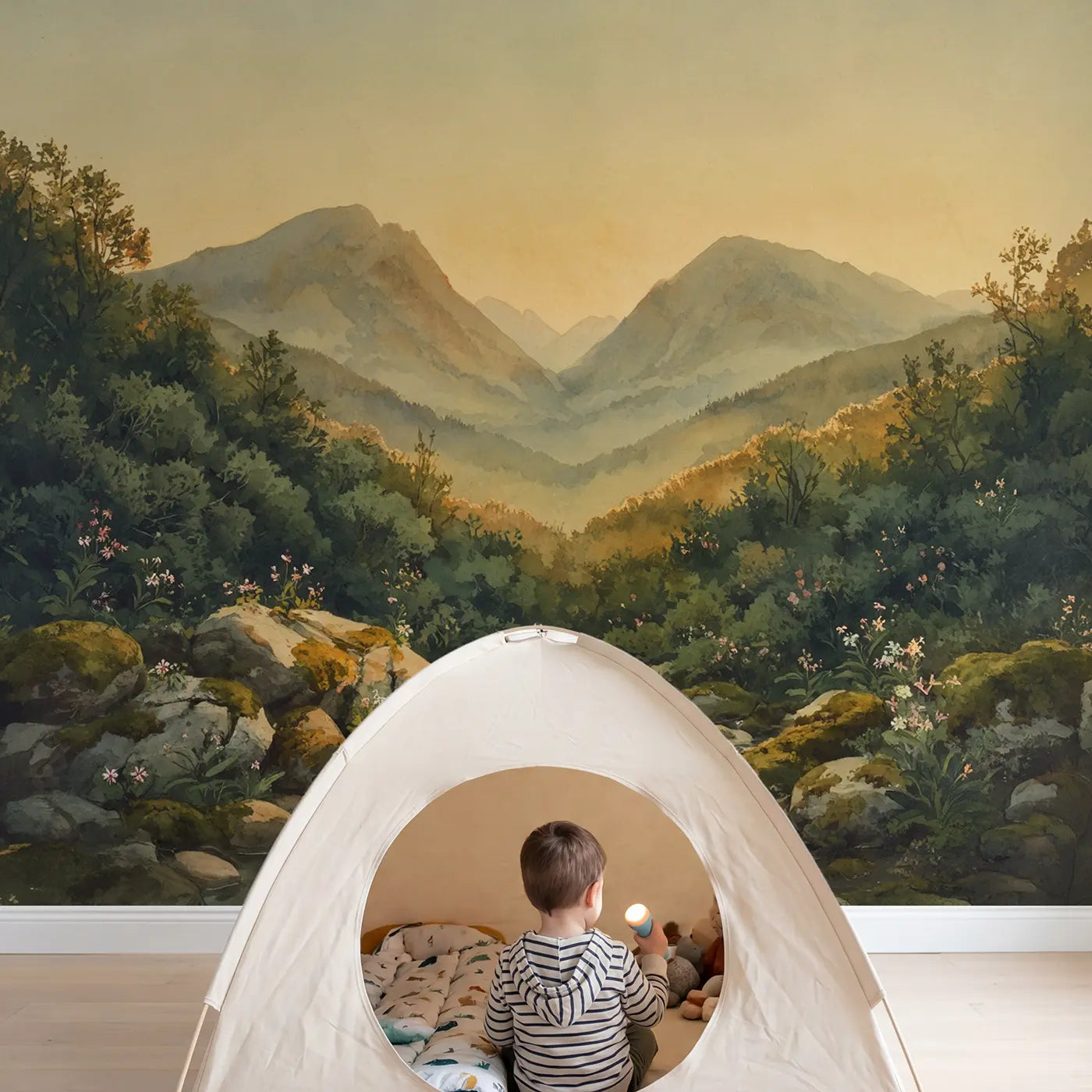 Child in nursery with Twin Peaks Valley Wallpaper Mural by Whimsy Tots