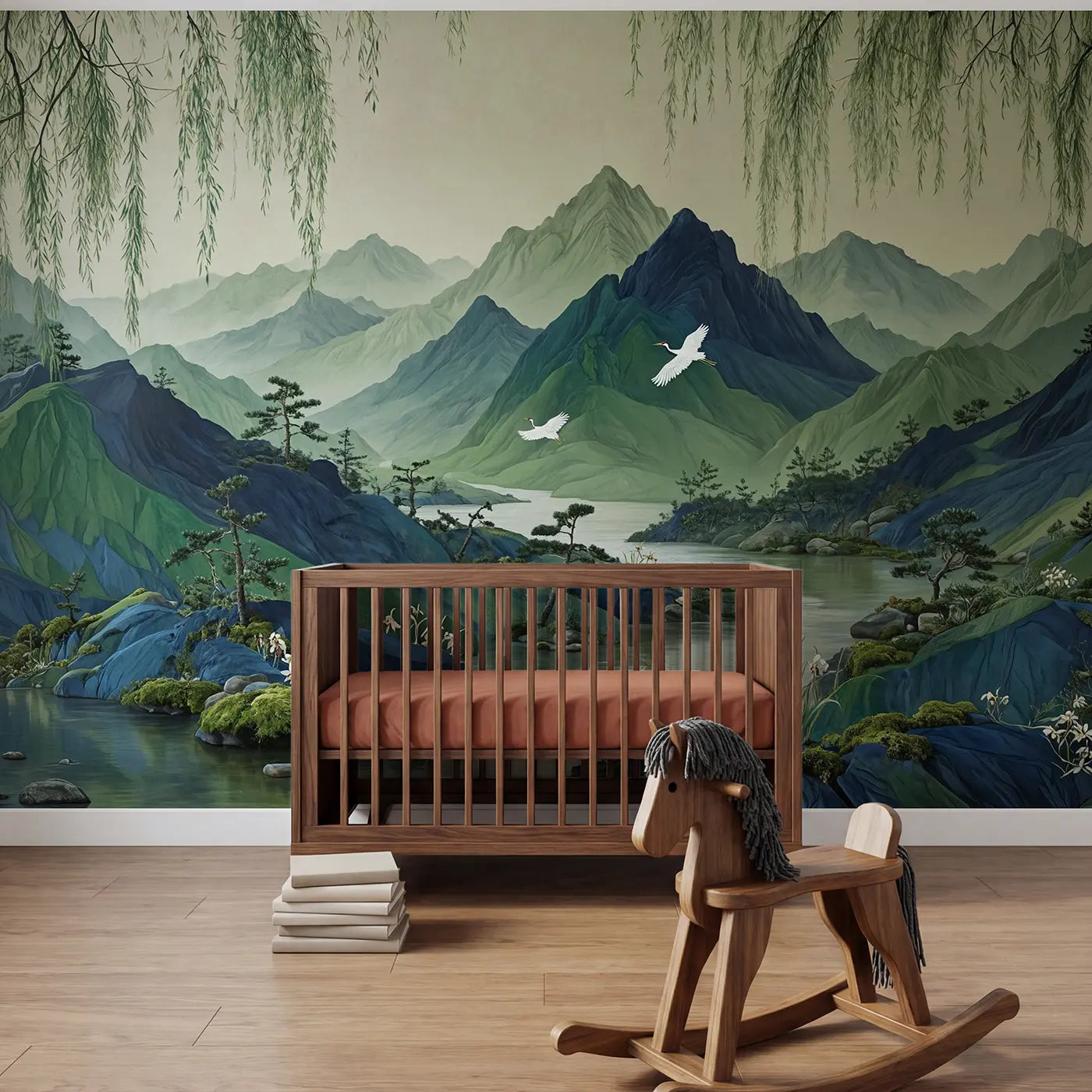 Botanical elegance mountain and willow mountain wallpaper mural for nursery by Whimsy Tots
