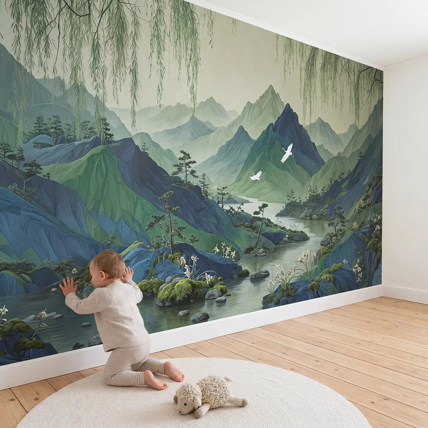 Child in nursery with Misty Mountain Chinoiserie Wallpaper Mural by Whimsy Tots