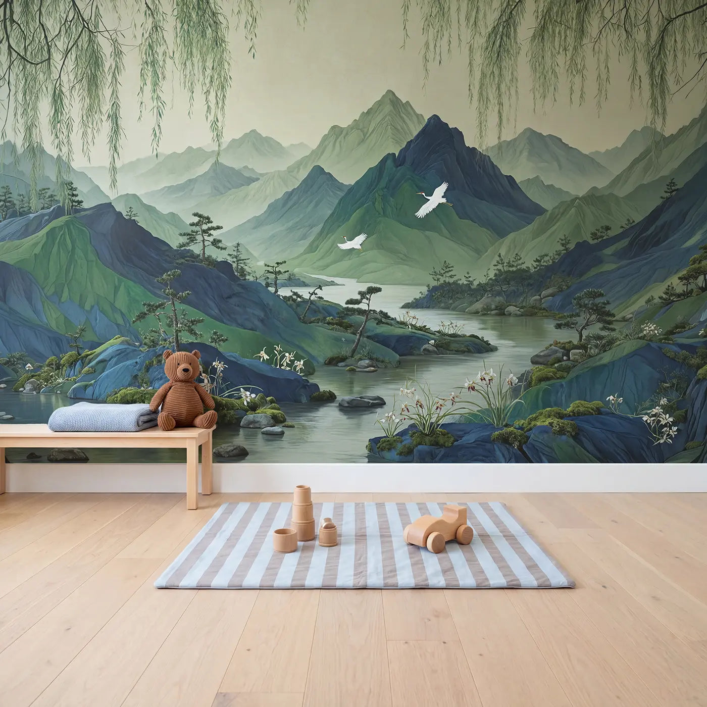 Misty Mountain Chinoiserie Wallpaper Mural in playroom setting by Whimsy Tots
