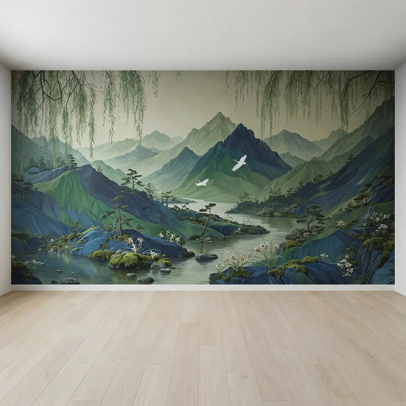 Full view of Misty Mountain Chinoiserie Wallpaper Mural by Whimsy Tots
