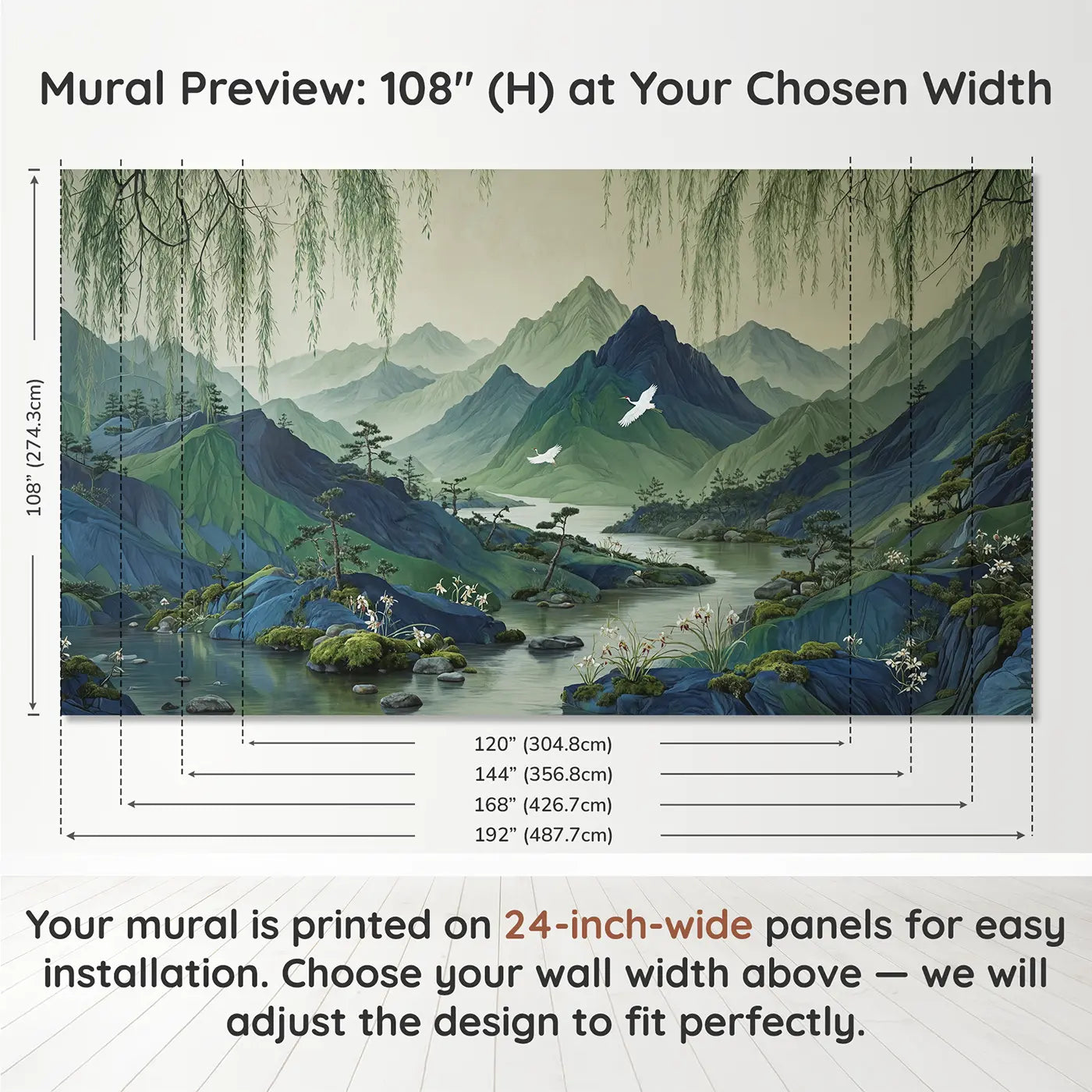 Panel layout and dimensions for Misty Mountain Chinoiserie Wallpaper Mural by Whimsy Tots