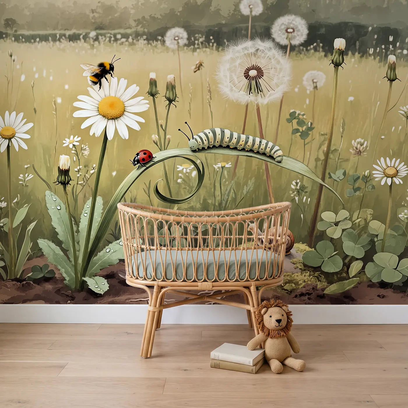 Soft pastel bumblebee and ladybug garden wallpaper mural for nursery by Whimsy Tots