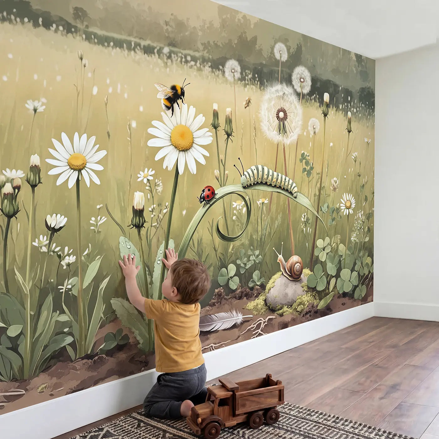 Child in nursery with Baby Bumblebee Garden Wallpaper Mural by Whimsy Tots