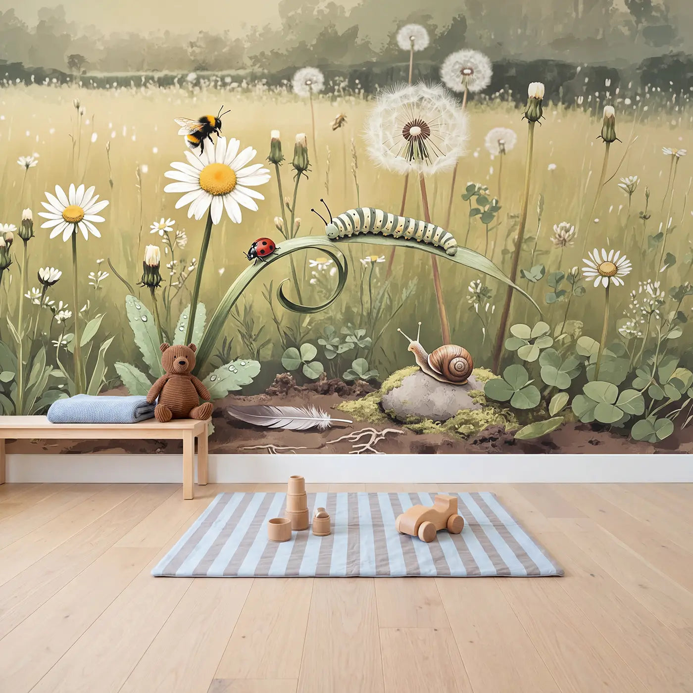 Baby Bumblebee Garden Wallpaper Mural in playroom setting by Whimsy Tots