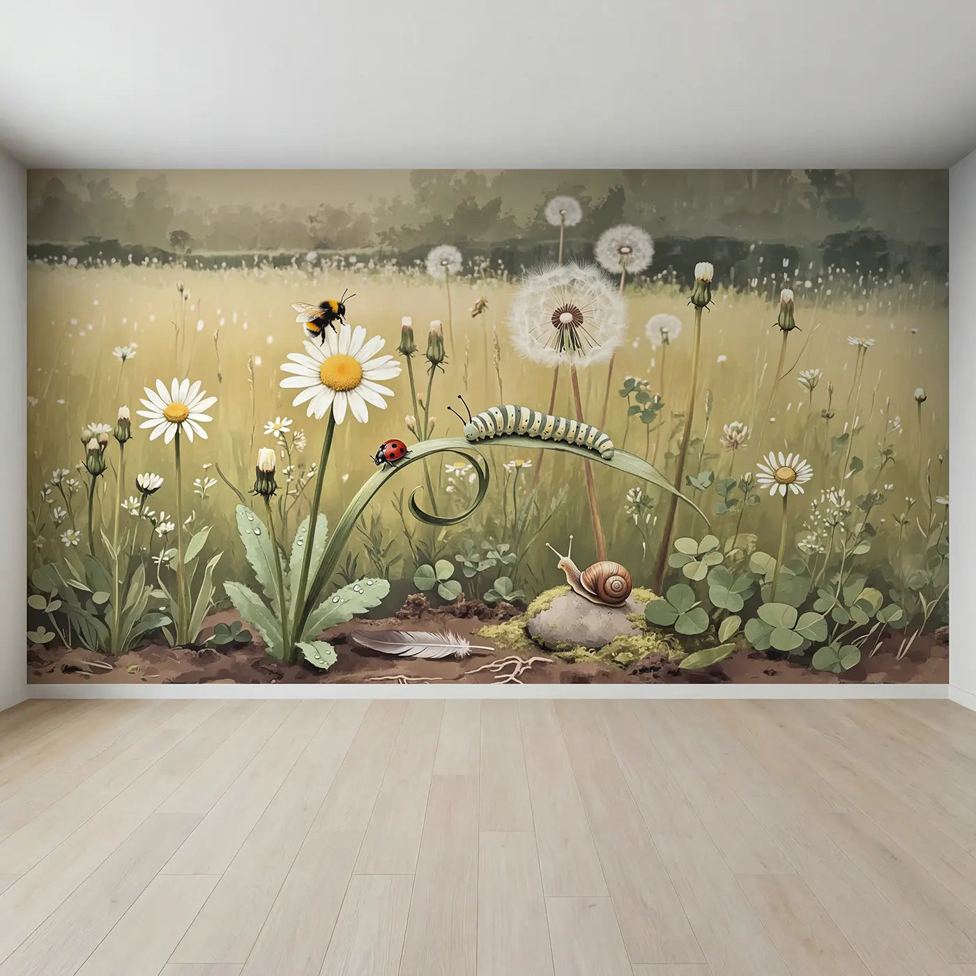 Full view of Baby Bumblebee Garden Wallpaper Mural by Whimsy Tots